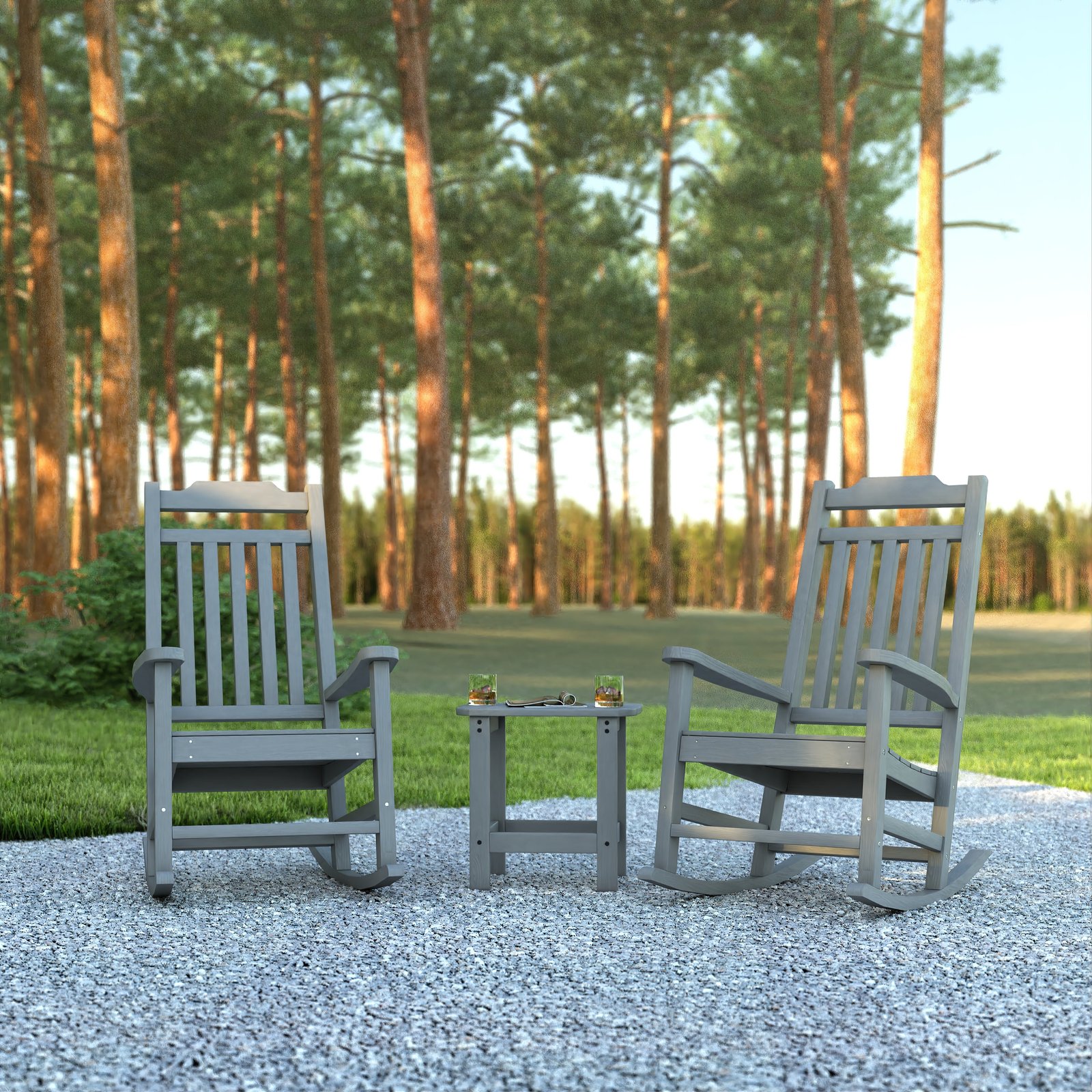 Set of 2 Indoor/Outdoor Poly Resin Rocking Chairs with Side Table