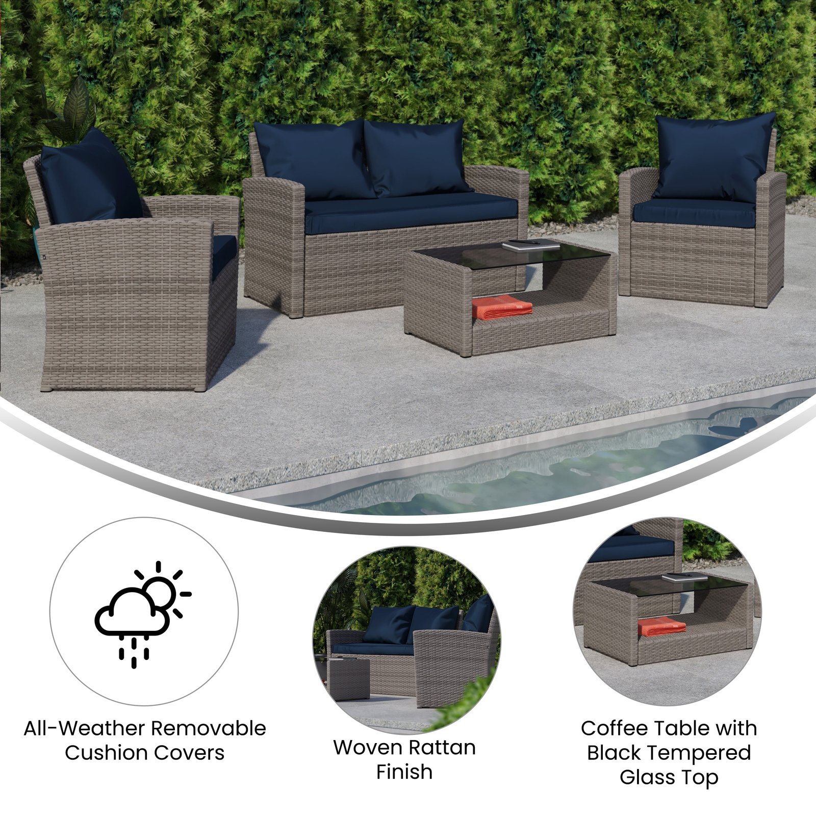 4 Piece Patio Set with Gray Back Pillows & Seat Cushions - Outdoor Seating