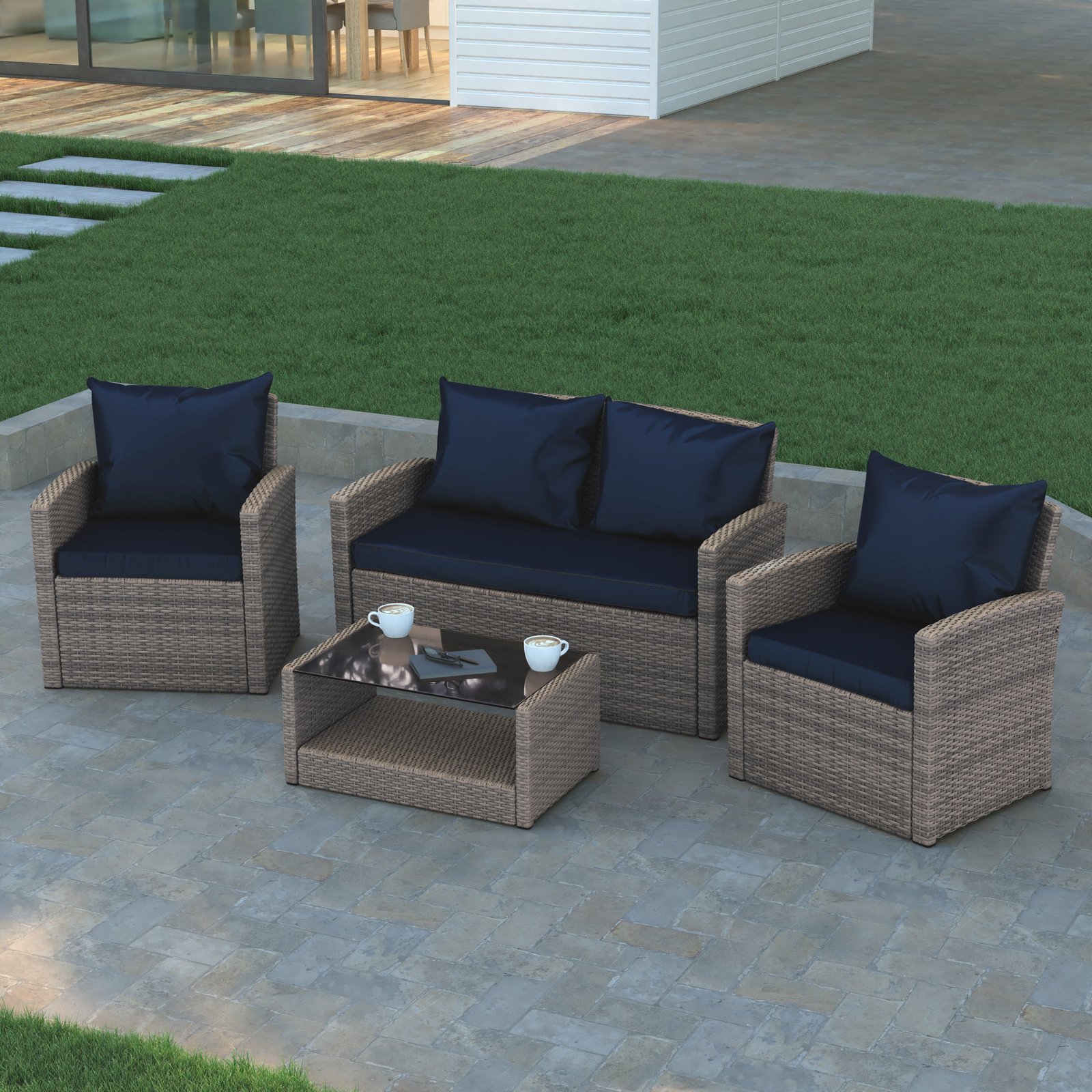 4 Piece Patio Set with Gray Back Pillows & Seat Cushions - Outdoor Seating