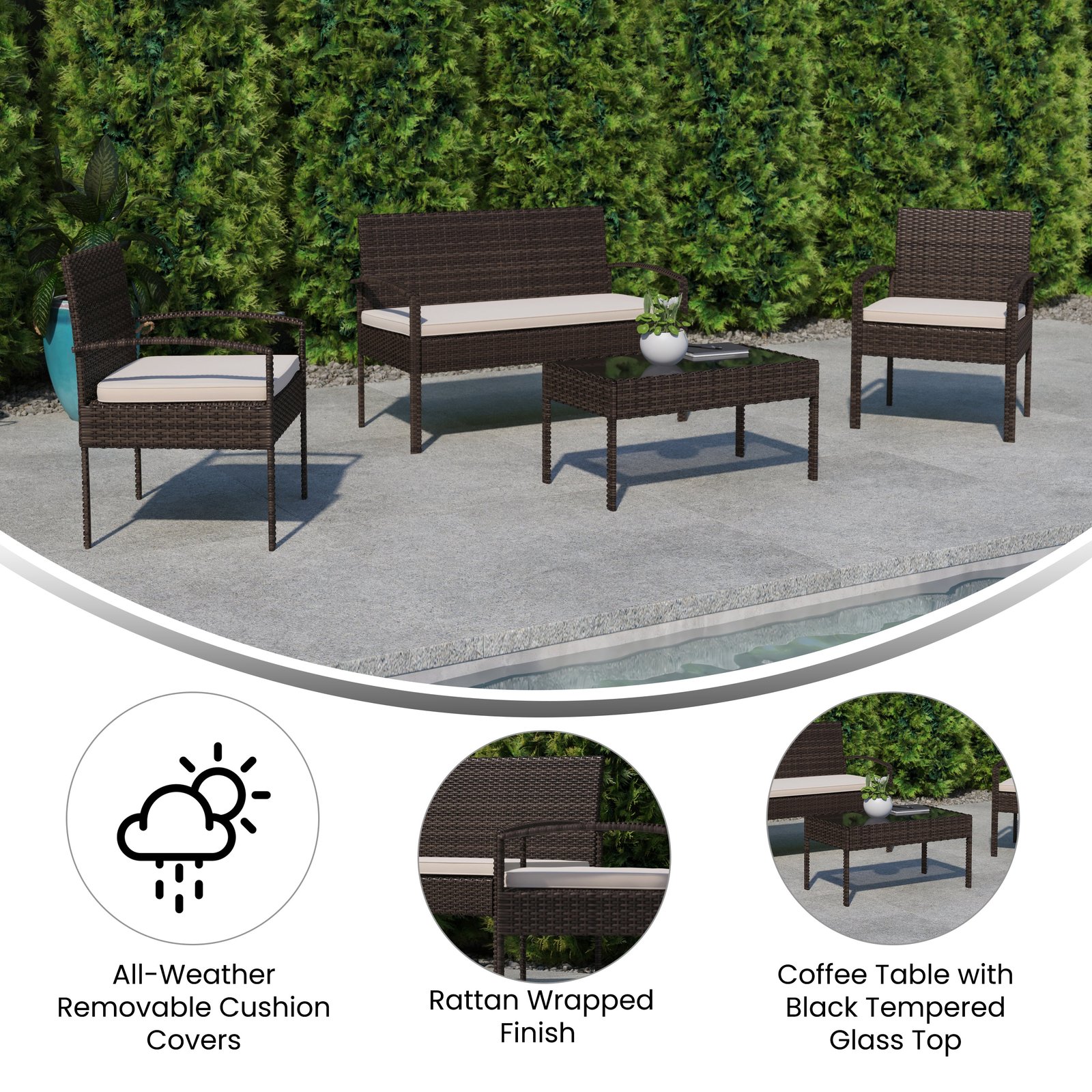 4 Piece Patio Set with Steel Frame and Cushions - Outdoor Seating