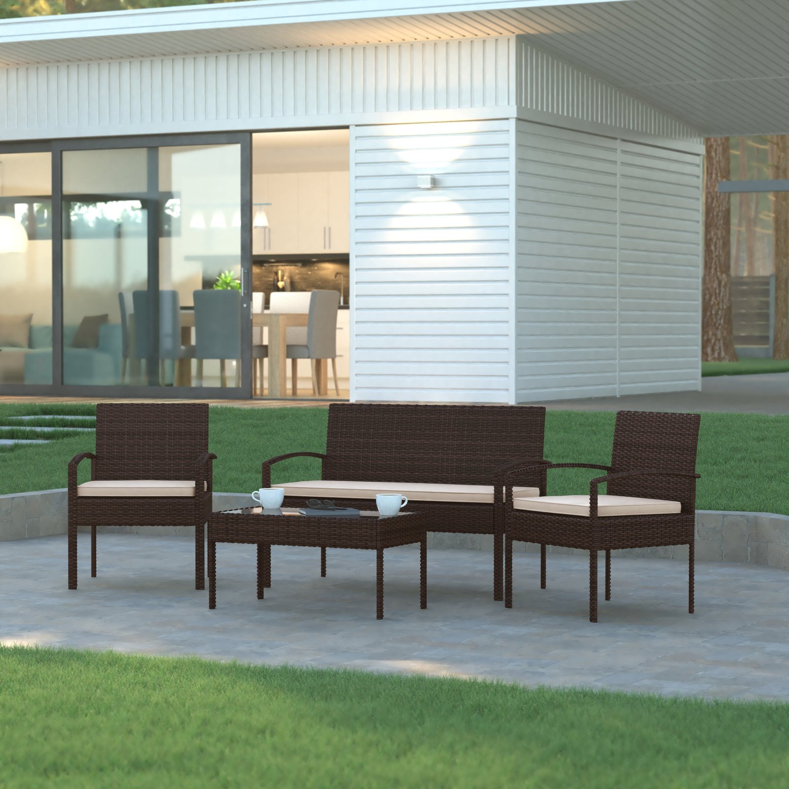 4 Piece Patio Set with Steel Frame and Cushions - Outdoor Seating