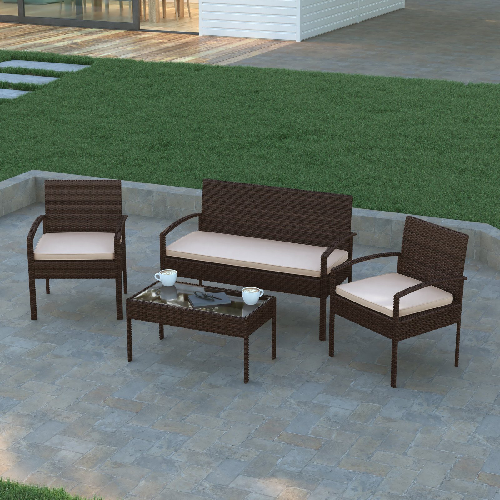 4 Piece Patio Set with Steel Frame and Cushions - Outdoor Seating
