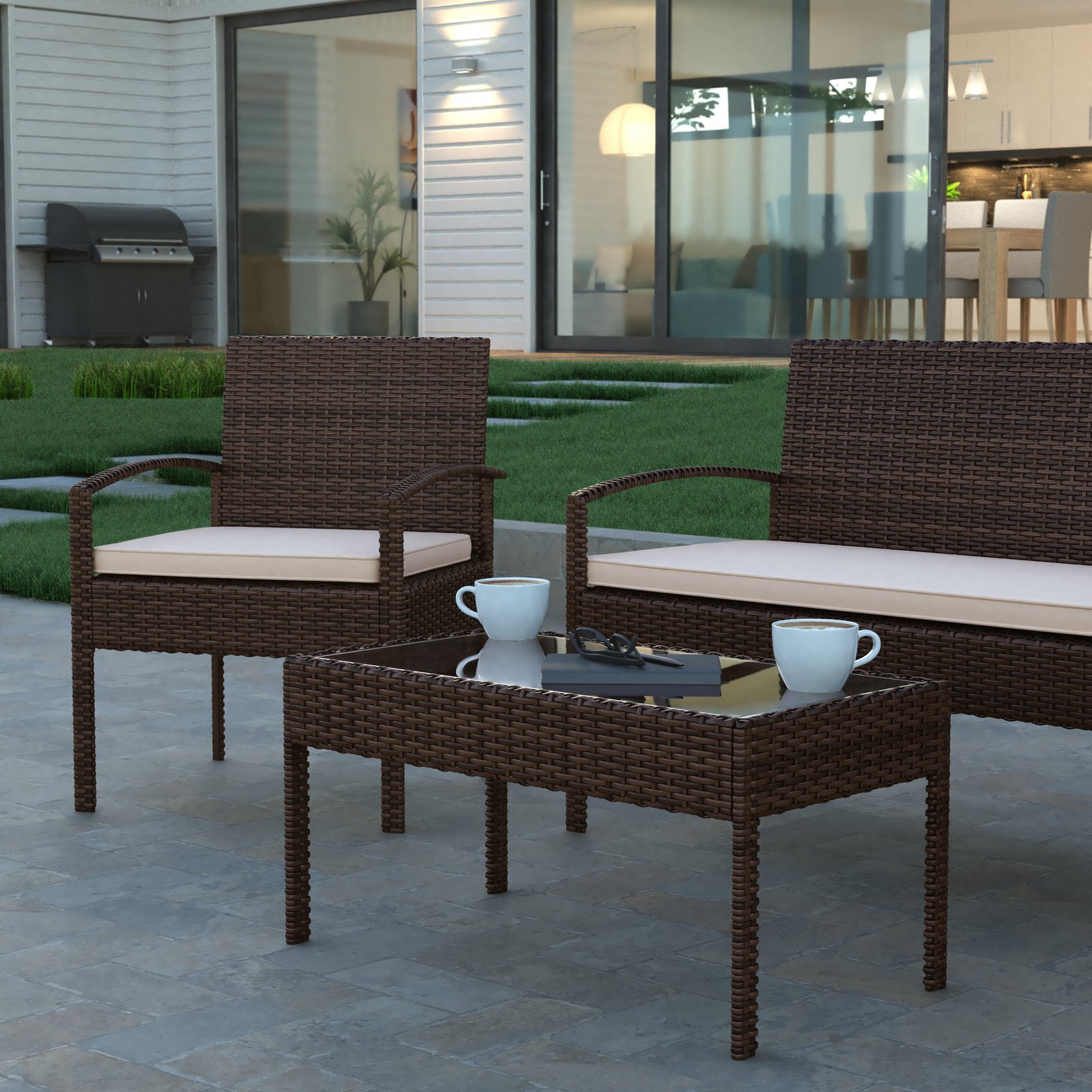 4 Piece Patio Set with Steel Frame and Cushions - Outdoor Seating
