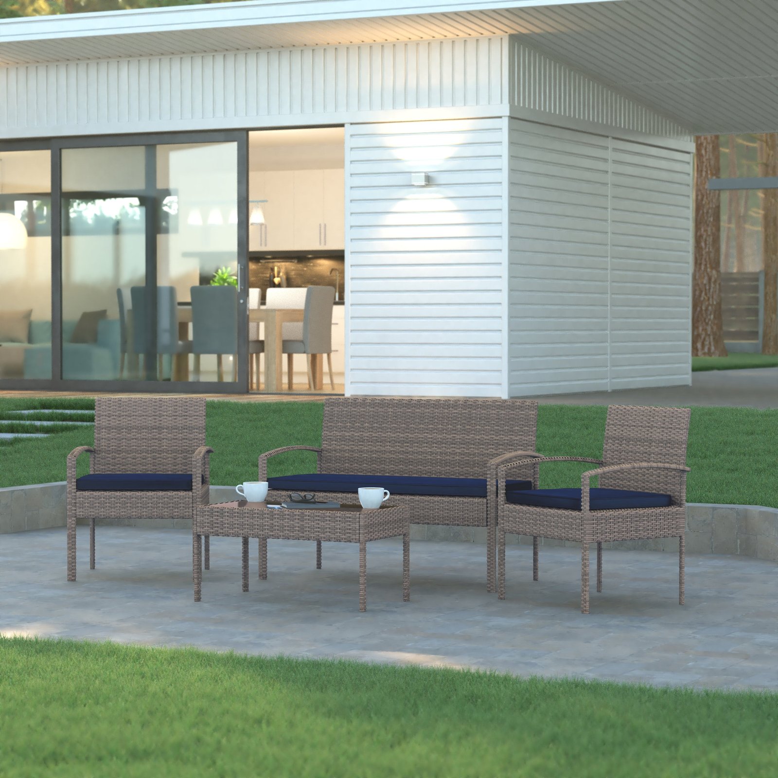 4 Piece Patio Set with Steel Frame and Cushions - Outdoor Seating