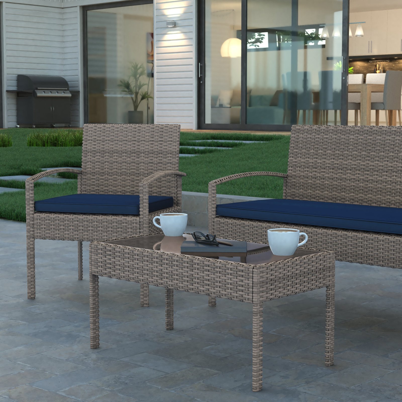 4 Piece Patio Set with Steel Frame and Cushions - Outdoor Seating