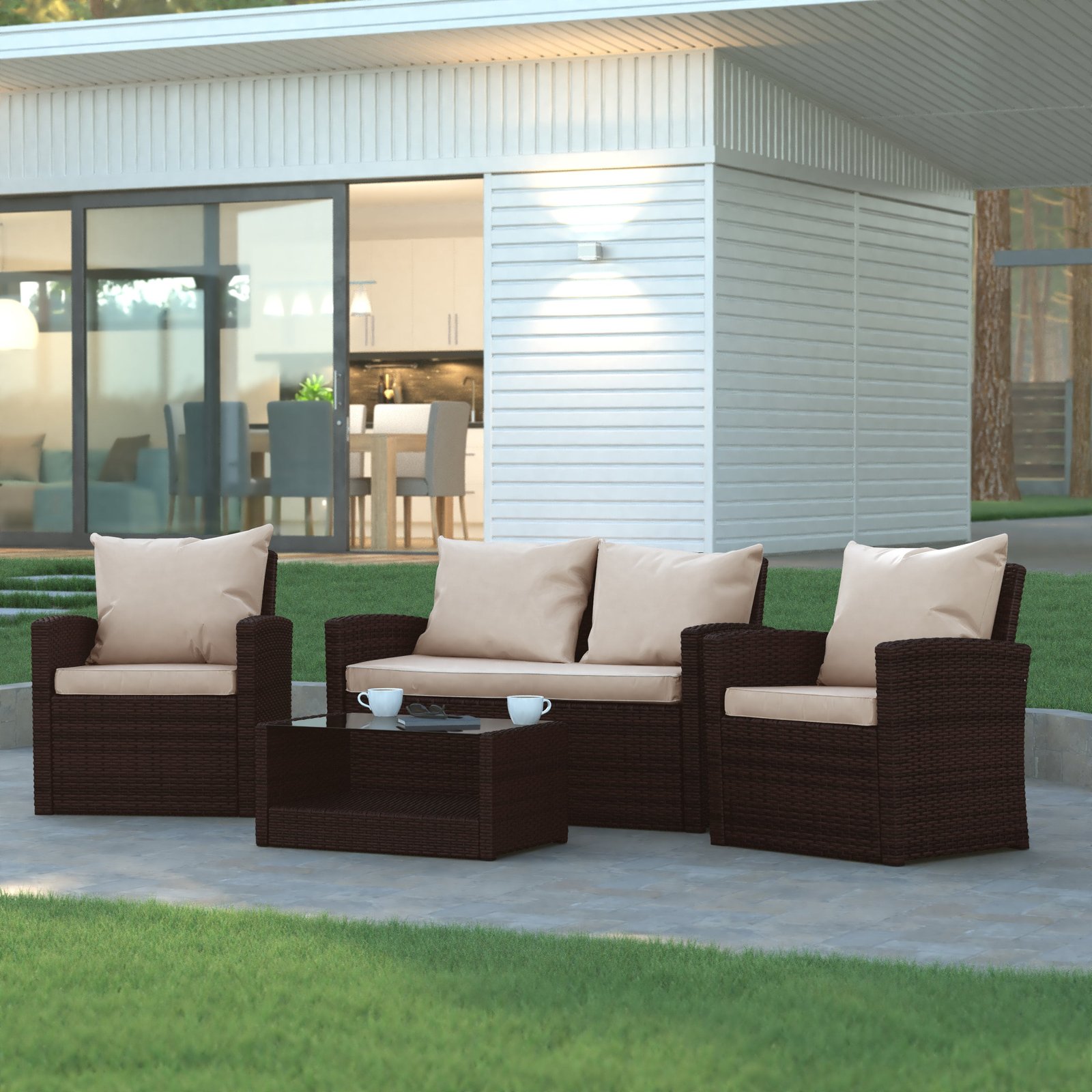 4 Piece Patio Set with Gray Back Pillows & Seat Cushions - Outdoor Seating