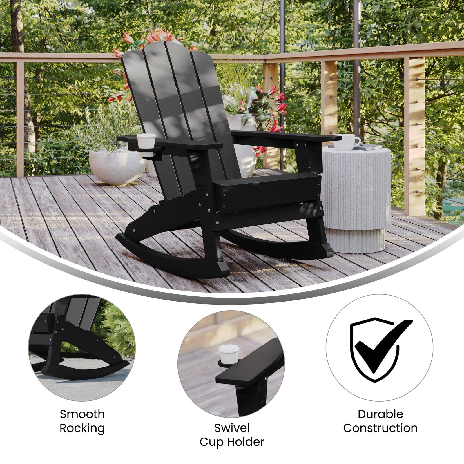 Adirondack Rocking Chair with Cup Holder, Weather Resistant HDPE Adirondack Rocking Chair