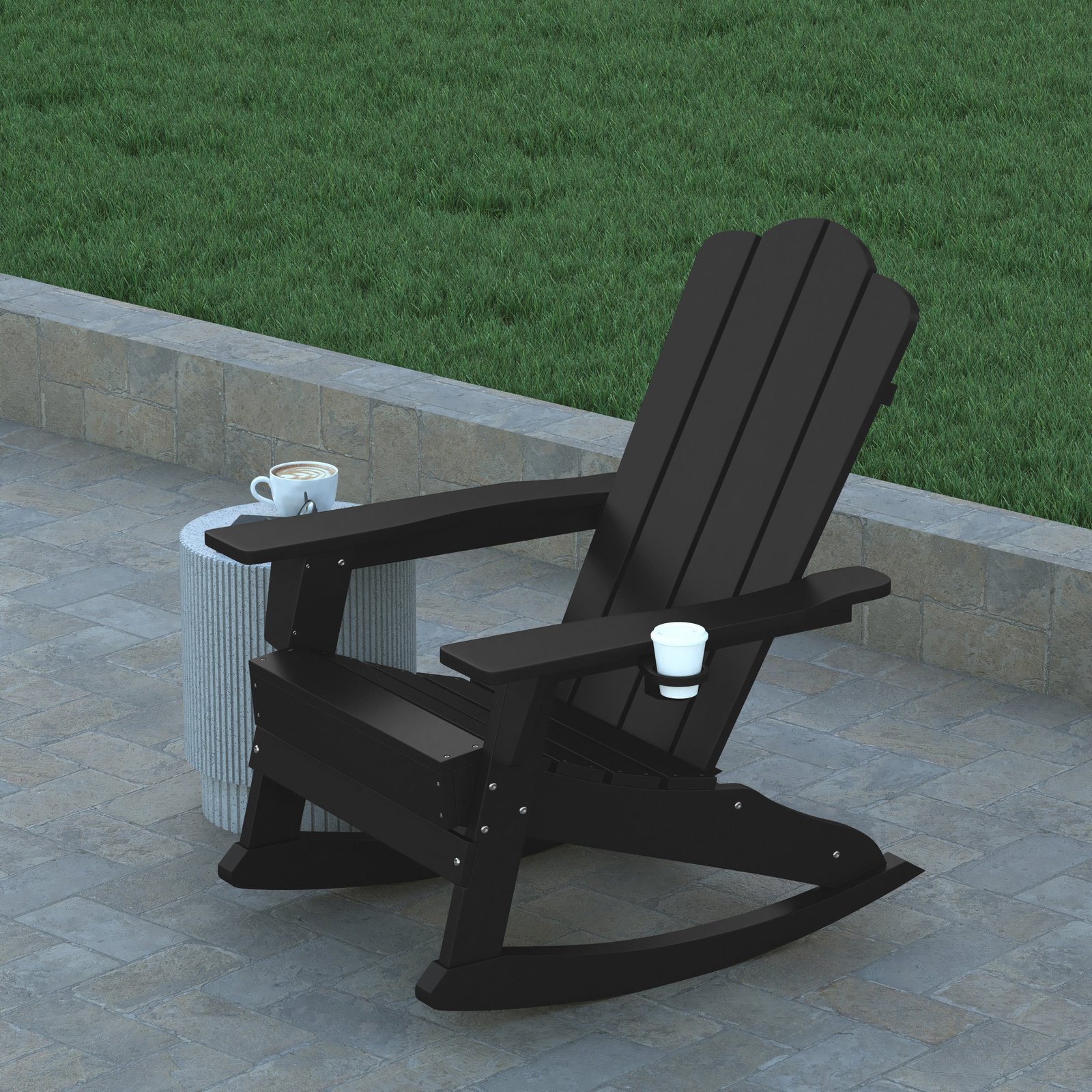 Adirondack Rocking Chair with Cup Holder, Weather Resistant HDPE Adirondack Rocking Chair