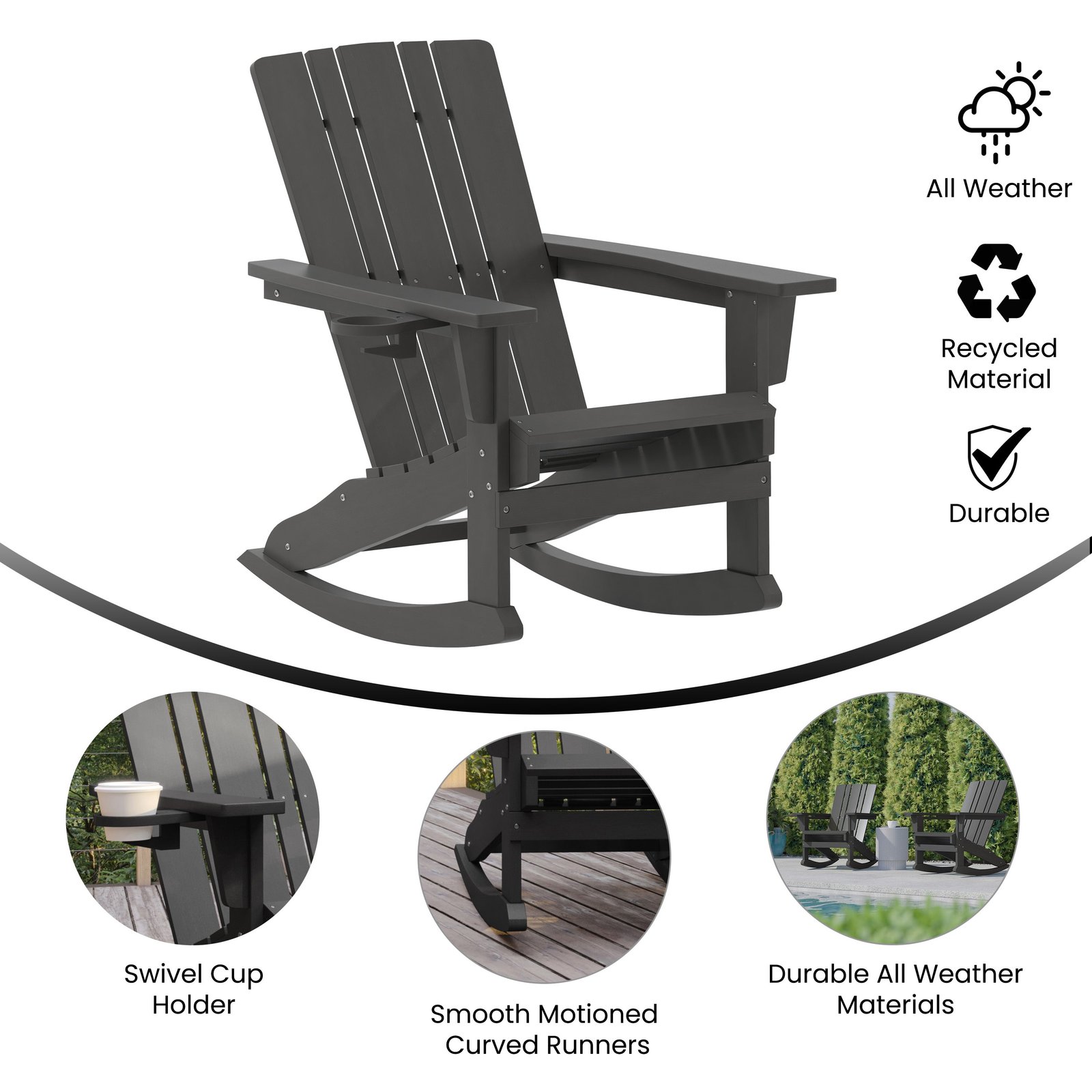 Adirondack Rocking Chair with Cup Holder, Weather Resistant HDPE Adirondack Rocking Chair