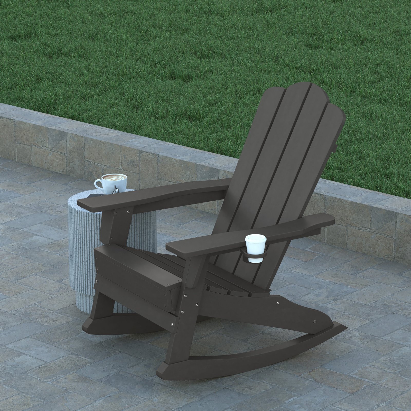 Adirondack Rocking Chair with Cup Holder, Weather Resistant HDPE Adirondack Rocking Chair