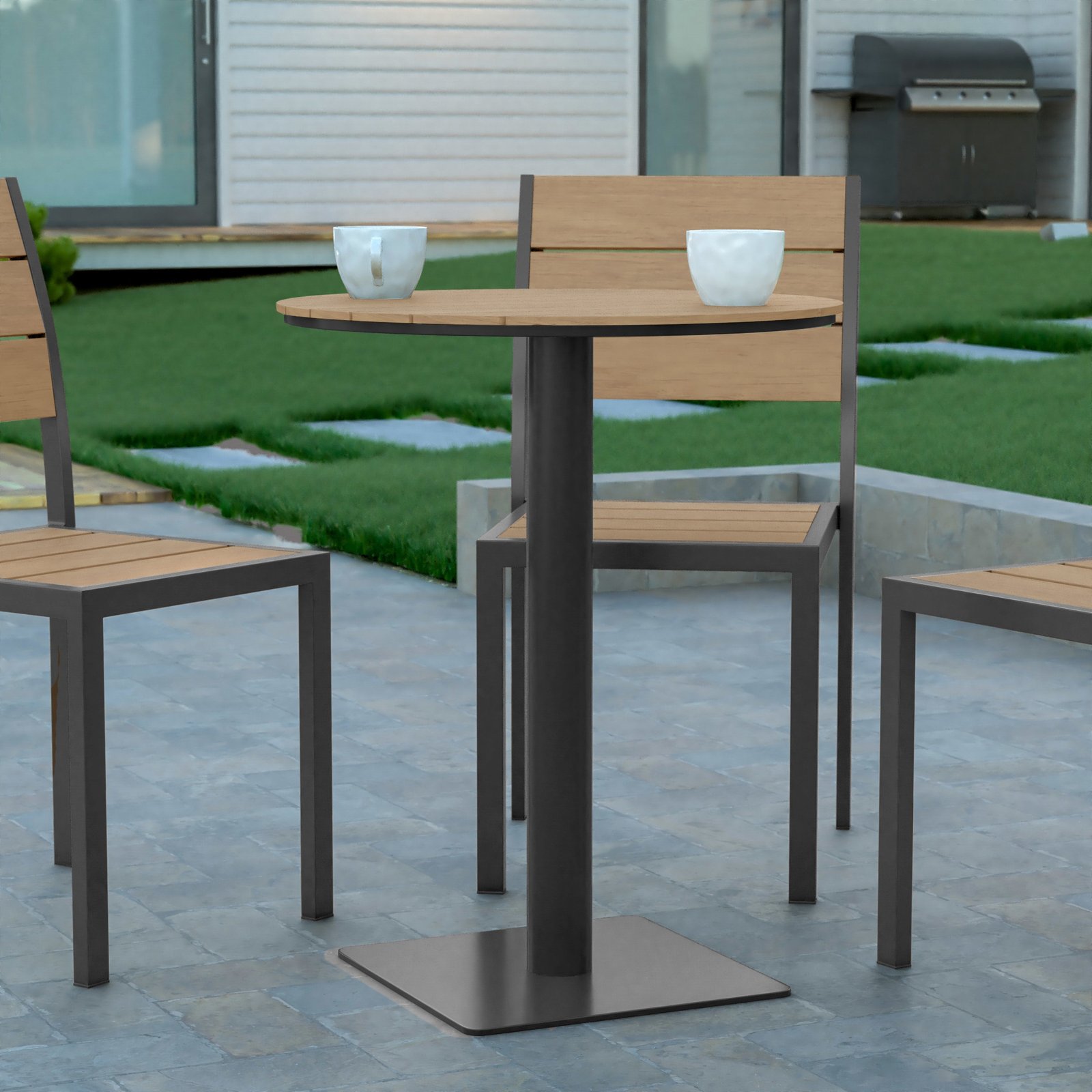 24" Round Outdoor Dining Table with Faux Teak Poly Slats and Steel Frame