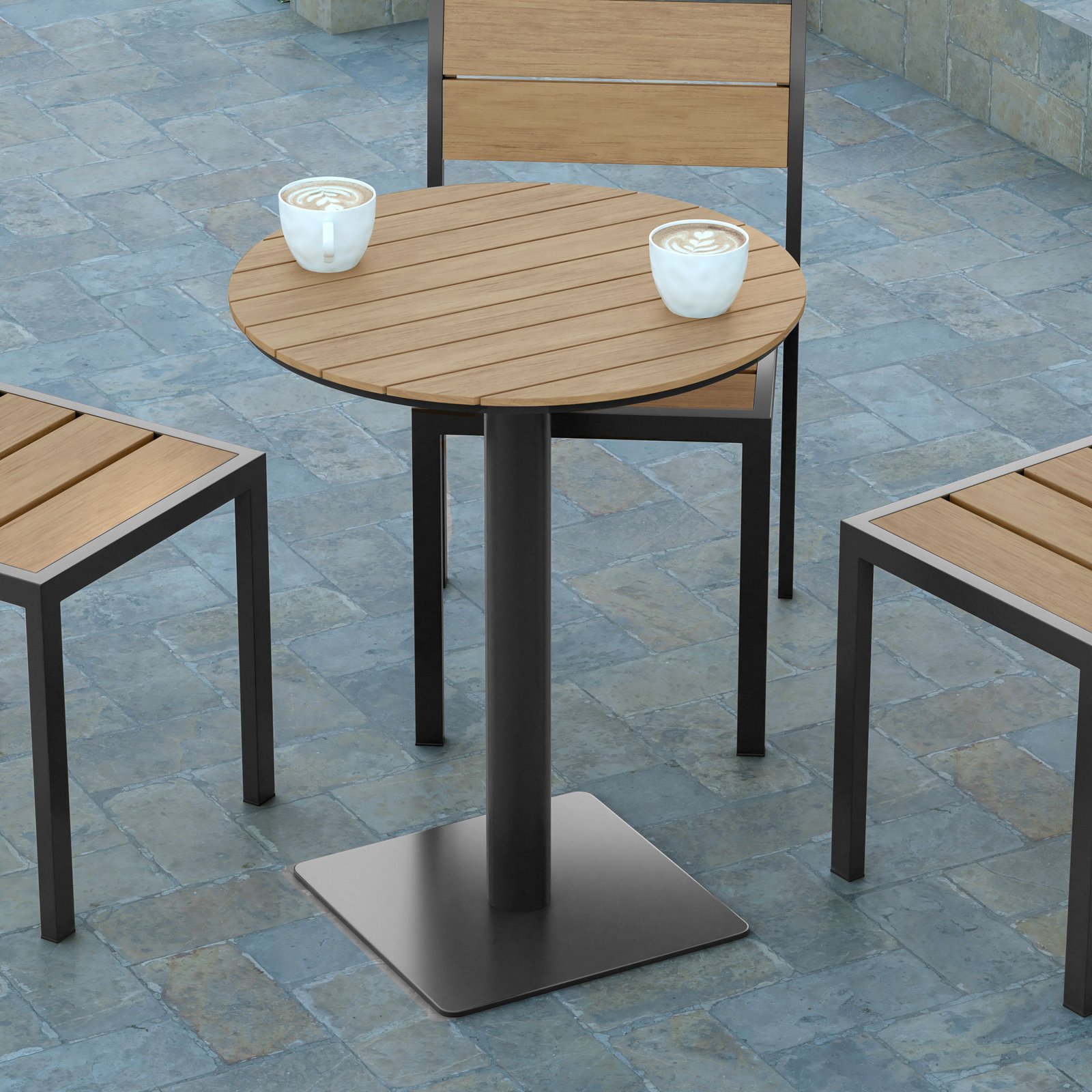 24" Round Outdoor Dining Table with Faux Teak Poly Slats and Steel Frame