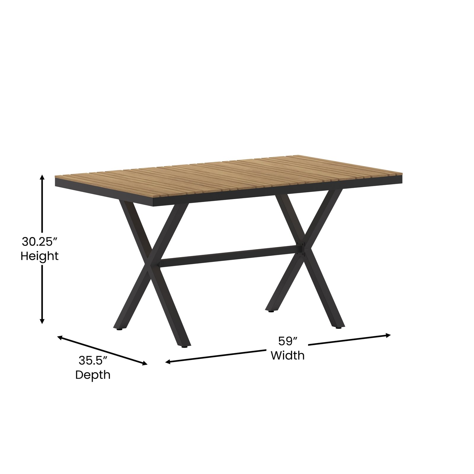 59" x 35.5" Outdoor X-Frame Dining Table with Faux Teak Poly Slat Top and Metal Frame