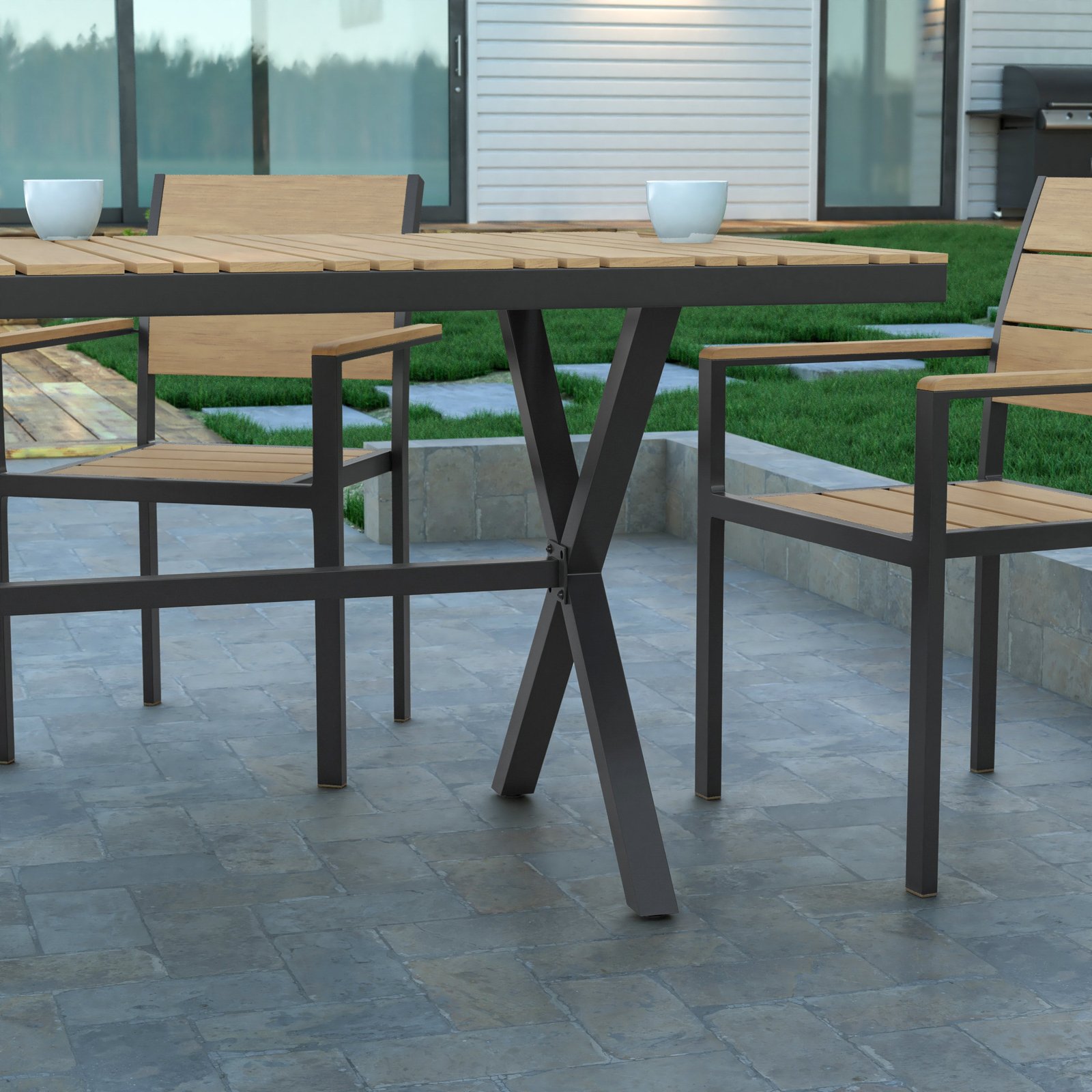 59" x 35.5" Outdoor X-Frame Dining Table with Faux Teak Poly Slat Top and Metal Frame