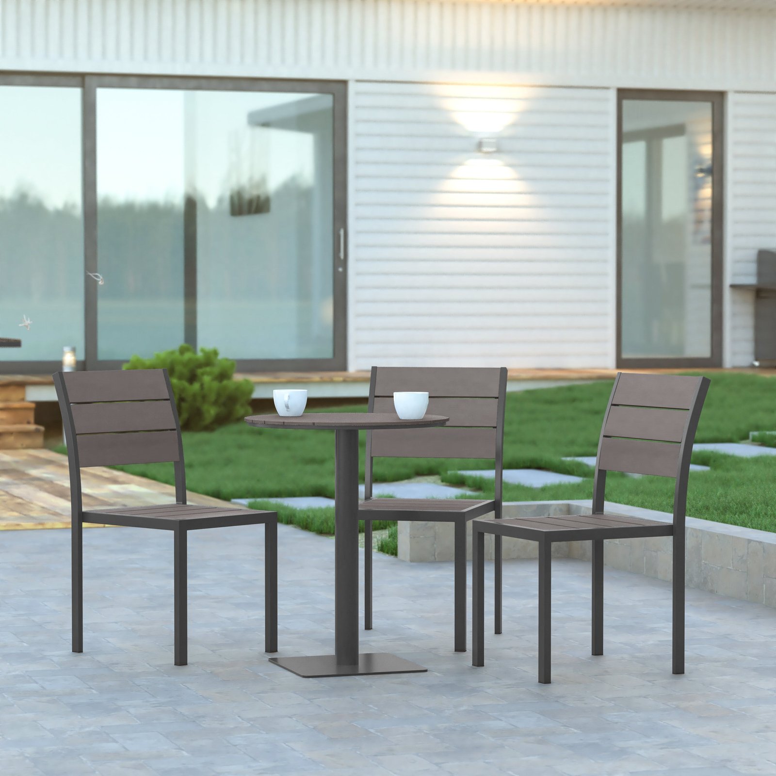 24" Round Outdoor Dining Table with Faux Teak Poly Slats and Steel Frame