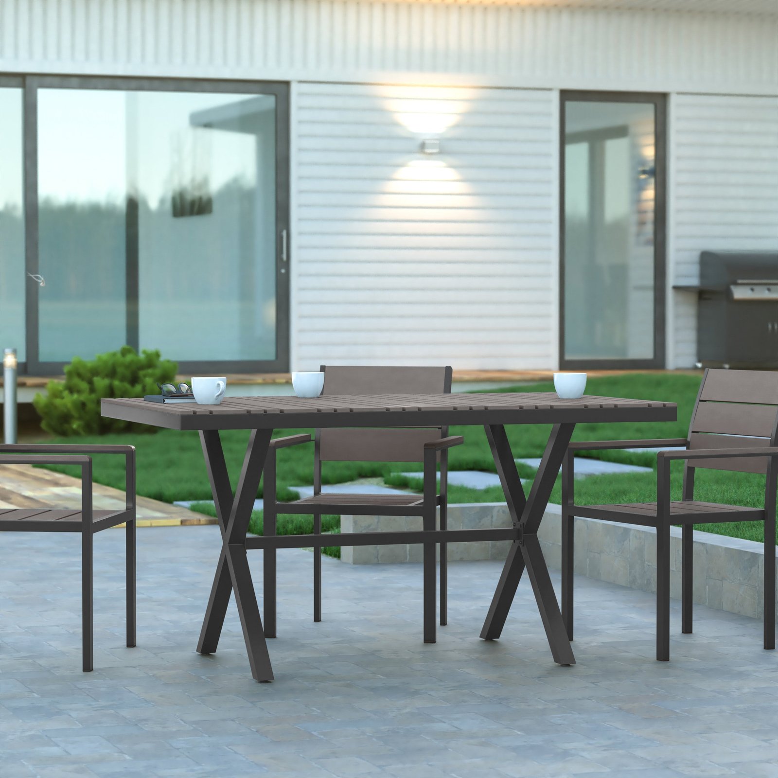 59" x 35.5" Outdoor X-Frame Dining Table with Faux Teak Poly Slat Top and Metal Frame