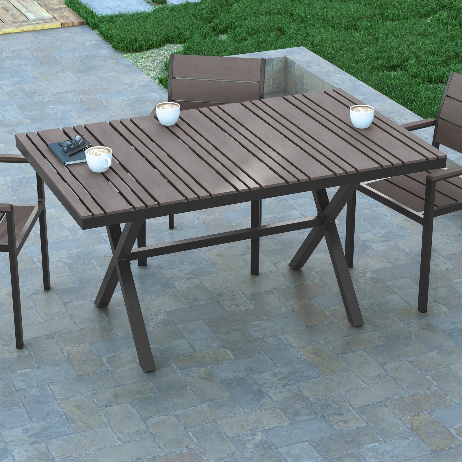 59" x 35.5" Outdoor X-Frame Dining Table with Faux Teak Poly Slat Top and Metal Frame