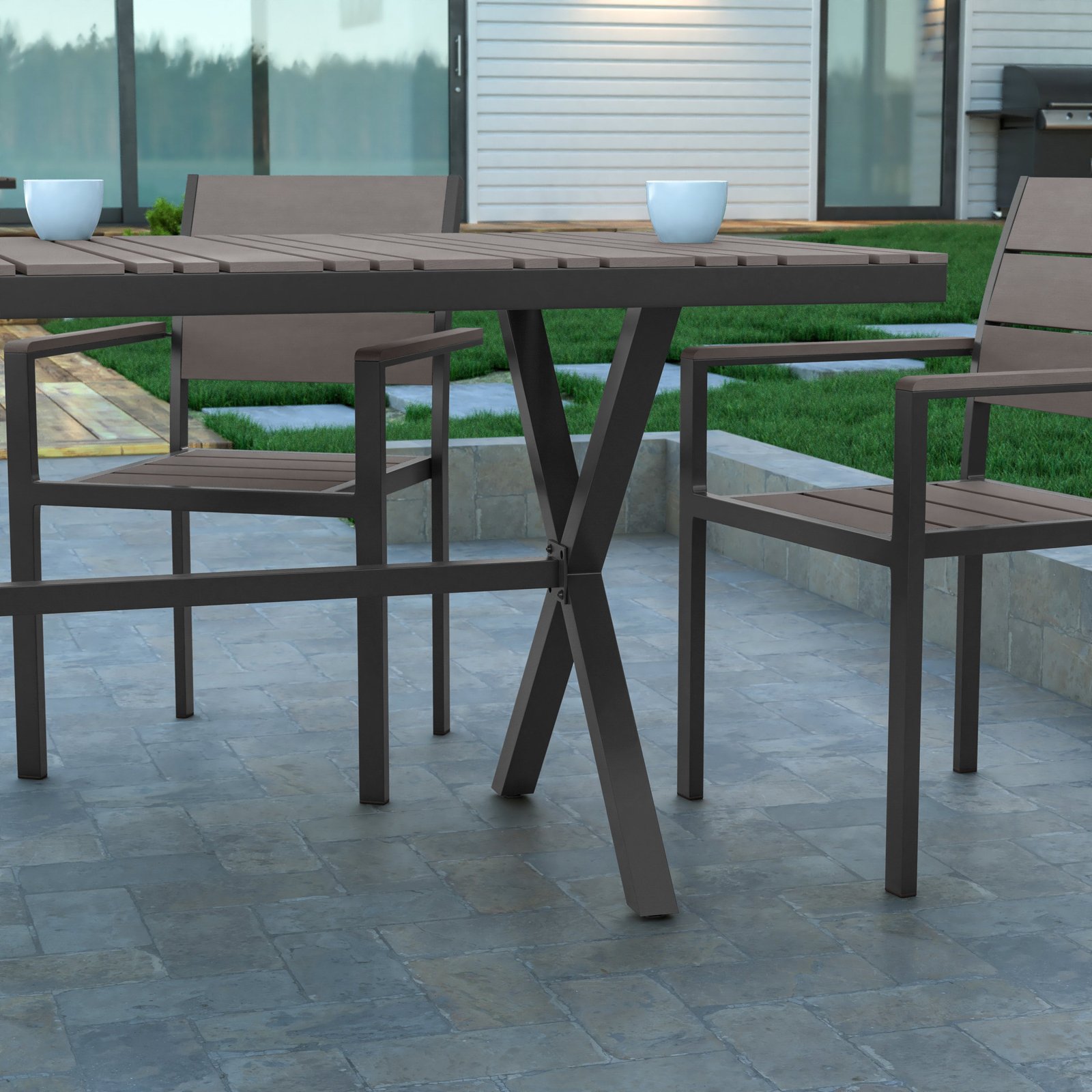 59" x 35.5" Outdoor X-Frame Dining Table with Faux Teak Poly Slat Top and Metal Frame