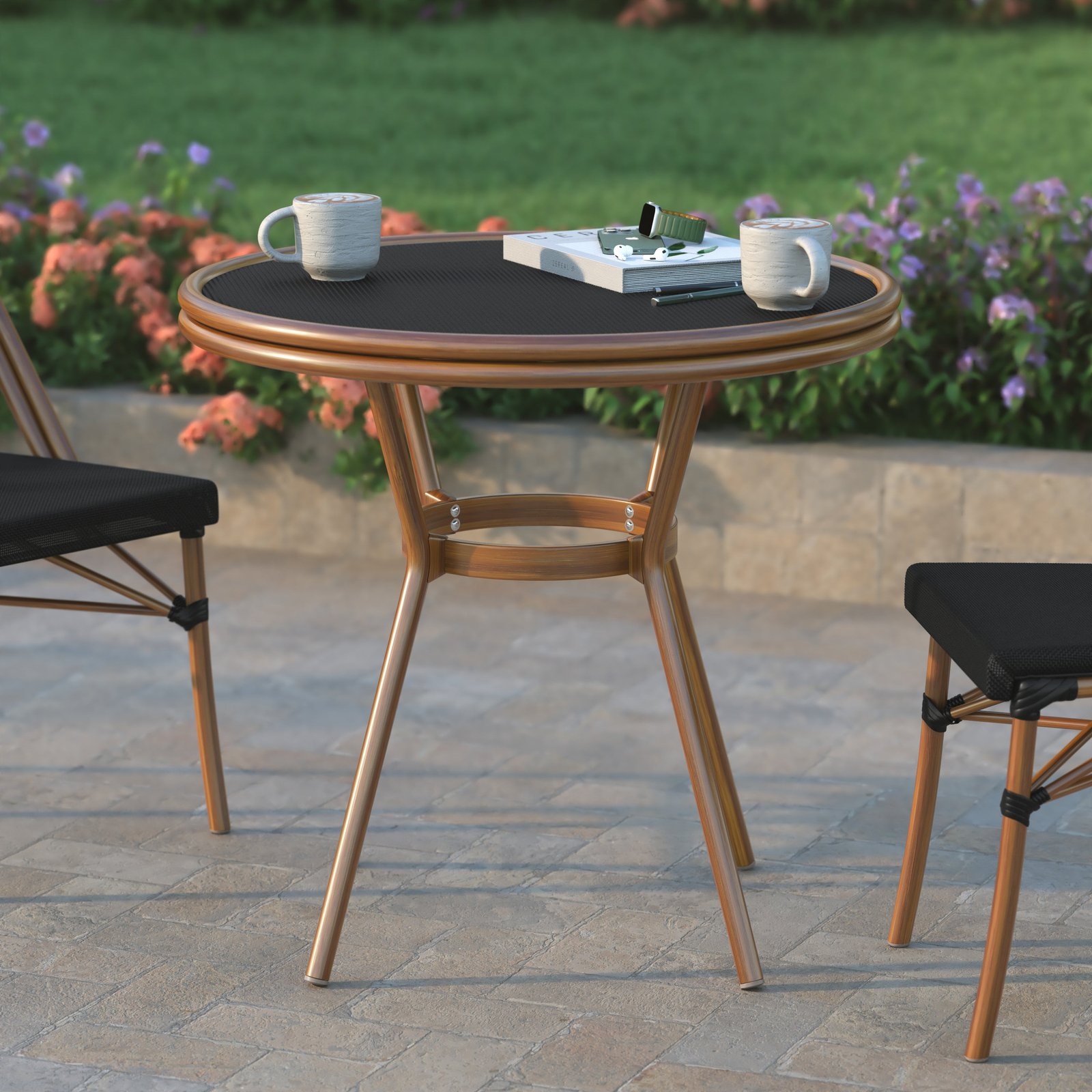 Indoor/Outdoor French Bistro Style 31.5 in. Table with Textilene, Glass Top, and Bamboo Finished Metal Frame