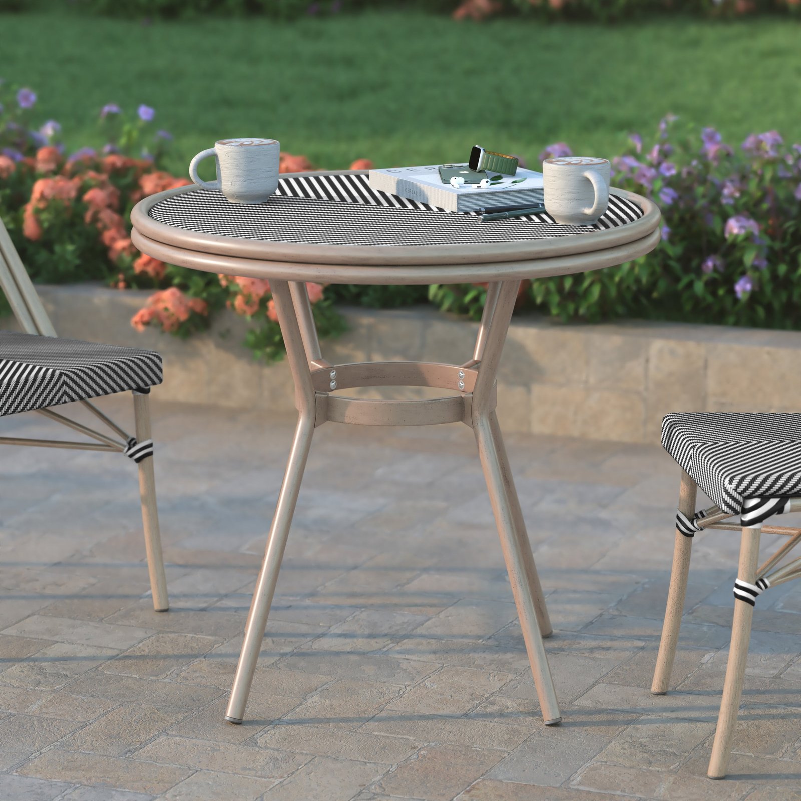 Indoor/Outdoor French Bistro Style 31.5 in. Table with Textilene, Glass Top, and Bamboo Finished Metal Frame