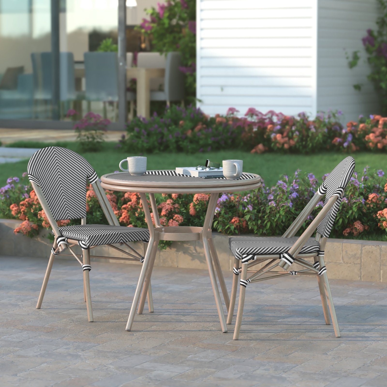 Indoor/Outdoor French Bistro Style 31.5 in. Table with Textilene, Glass Top, and Bamboo Finished Metal Frame