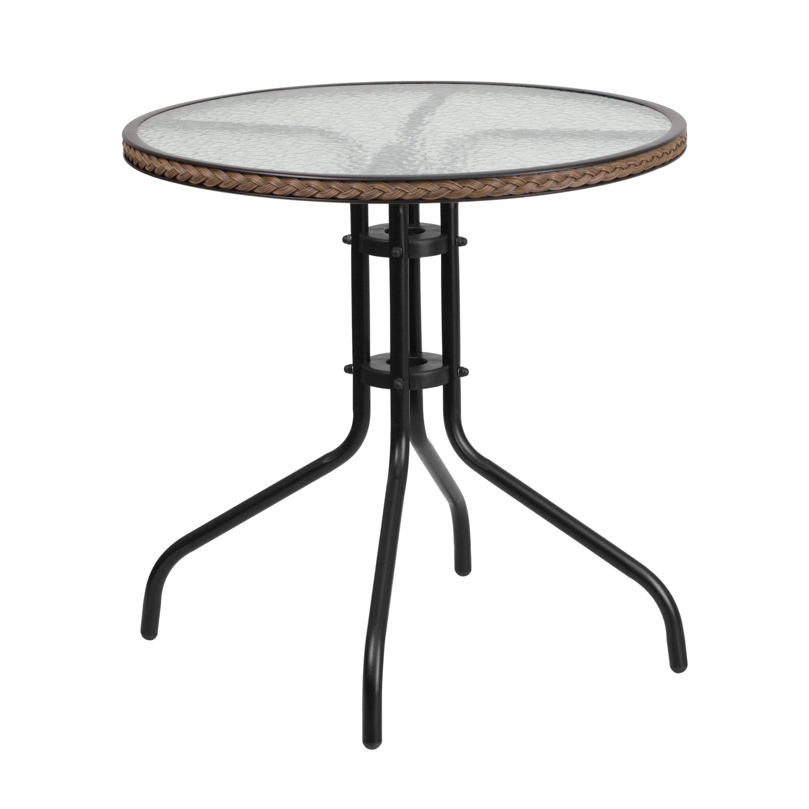 28" Round Tempered Glass Metal Table with Rattan Edging