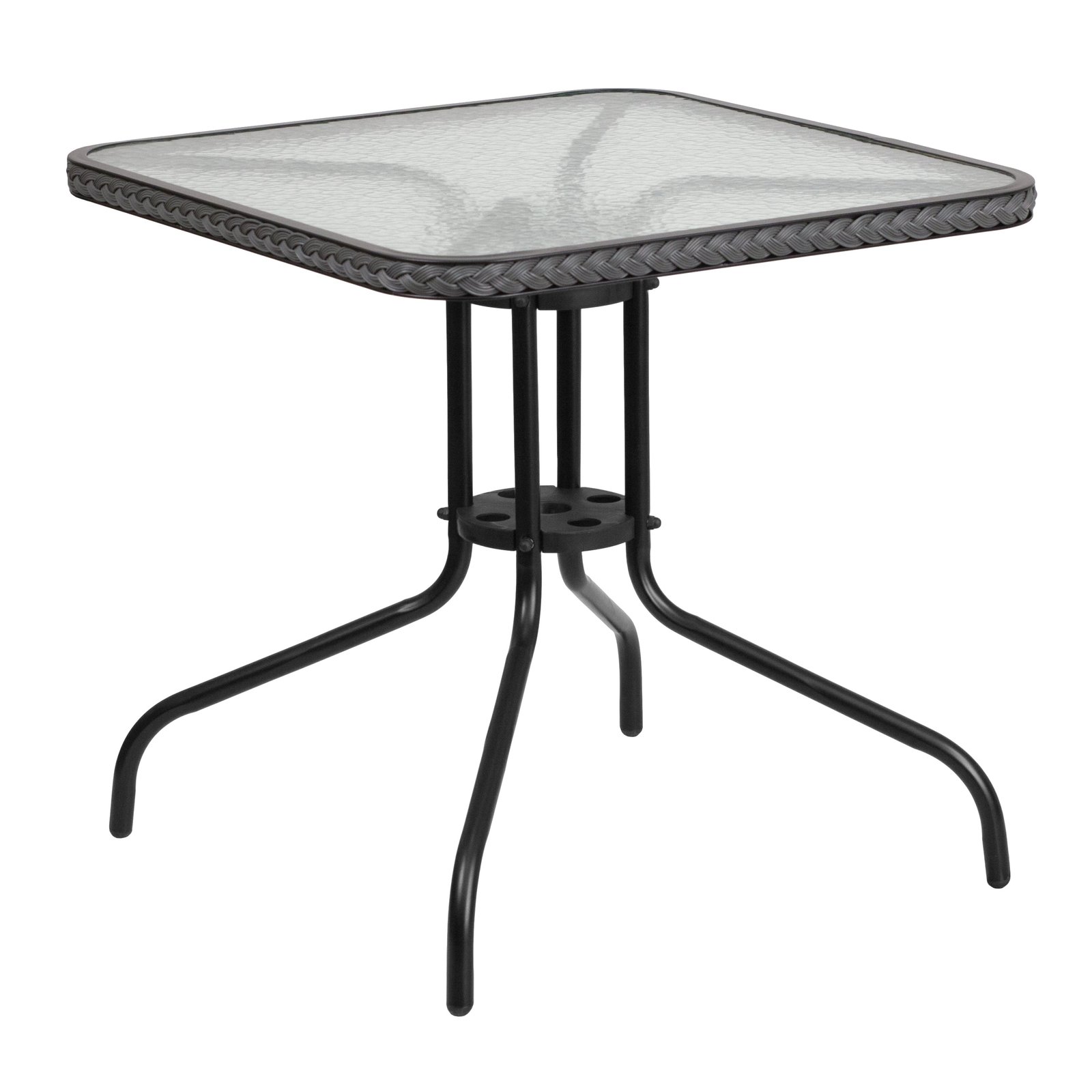 28" Square Tempered Glass Metal Table with Rattan Edging