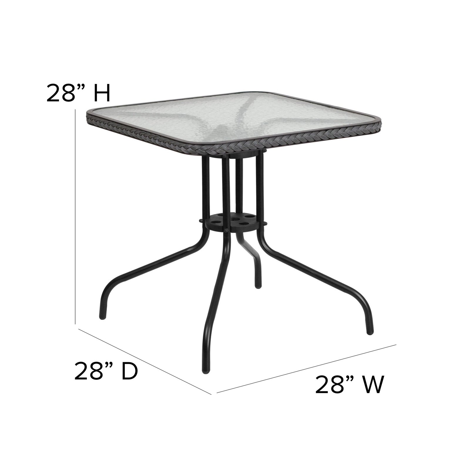 28" Square Tempered Glass Metal Table with Rattan Edging