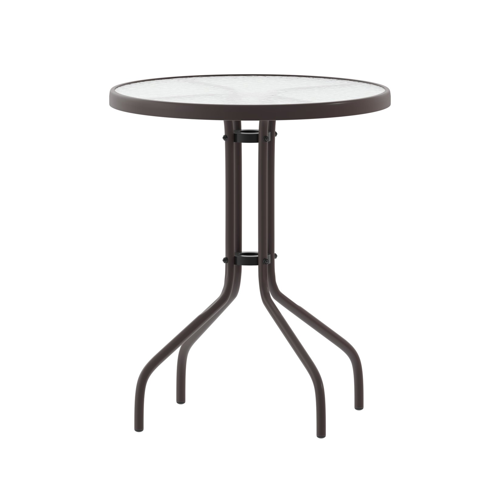 23.75'' Round Glass Top Metal Table with 2 Aluminum Slat Stack Chairs