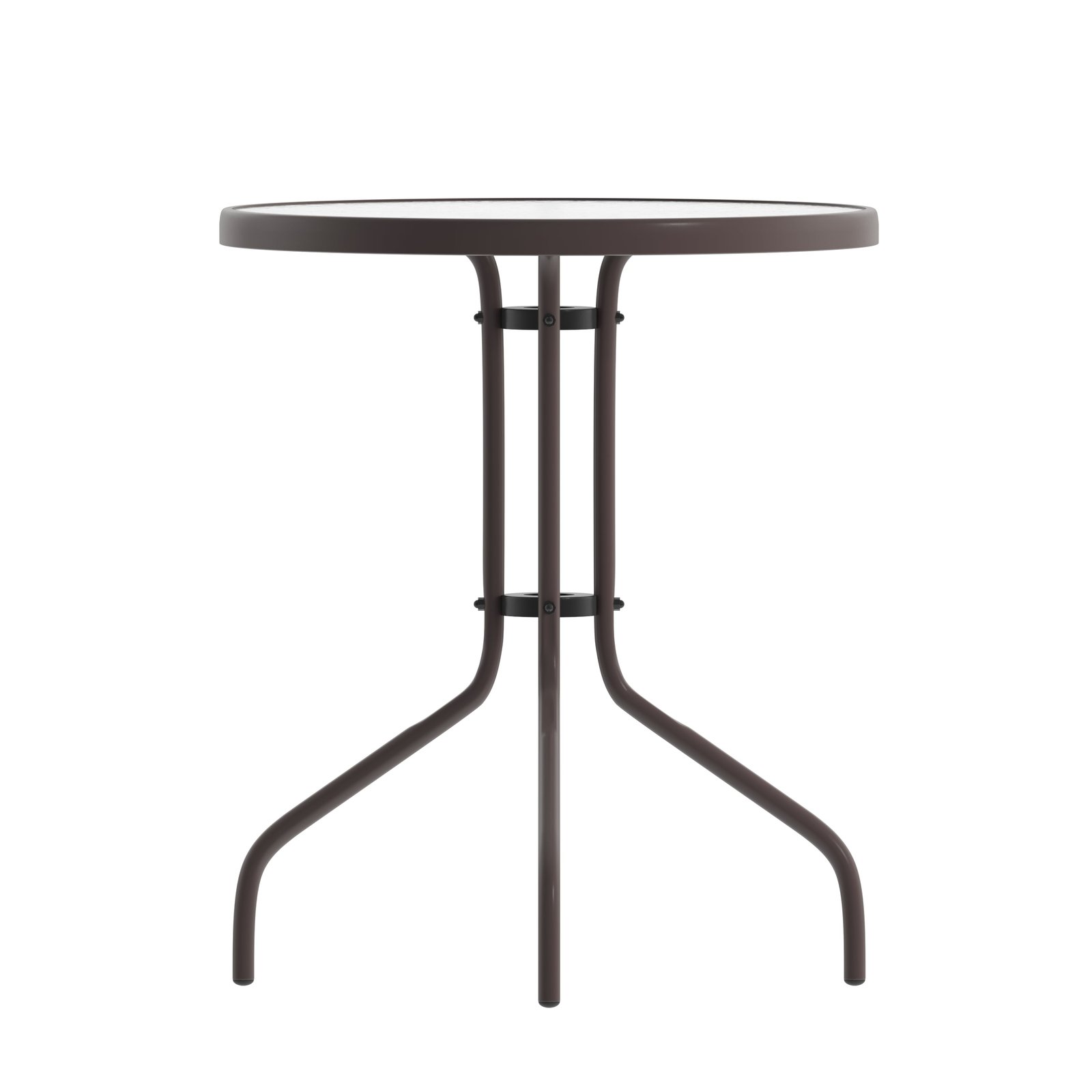 23.75'' Round Glass Top Metal Table with 2 Aluminum Slat Stack Chairs