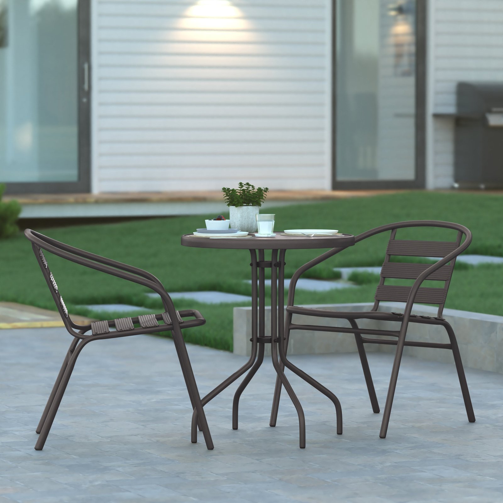 23.75'' Round Glass Top Metal Table with 2 Aluminum Slat Stack Chairs