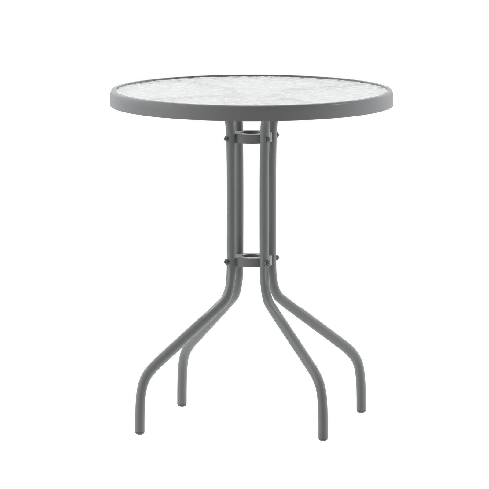 23.75'' Round Glass Top Metal Table with 2 Aluminum Slat Stack Chairs