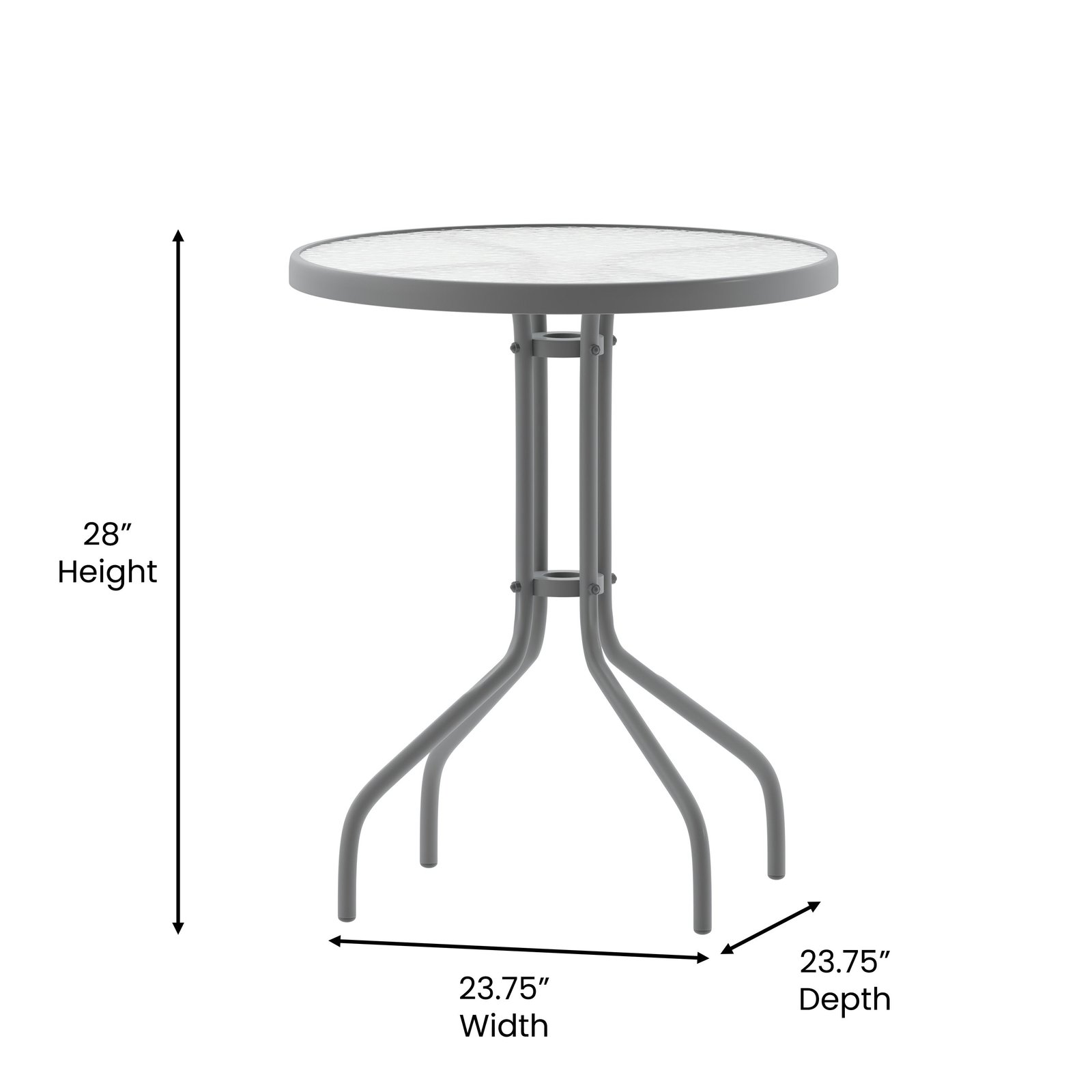 23.75'' Round Glass Top Metal Table with 2 Aluminum Slat Stack Chairs