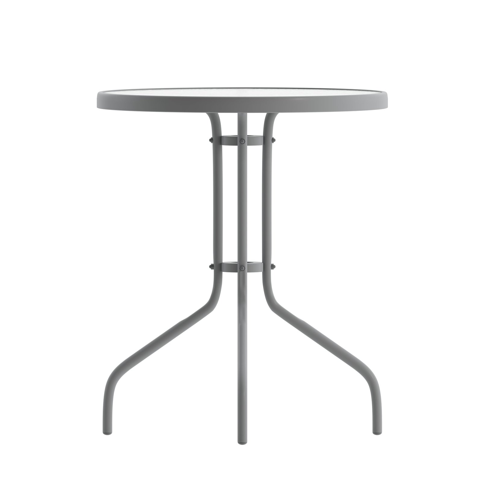 23.75'' Round Glass Top Metal Table with 2 Aluminum Slat Stack Chairs