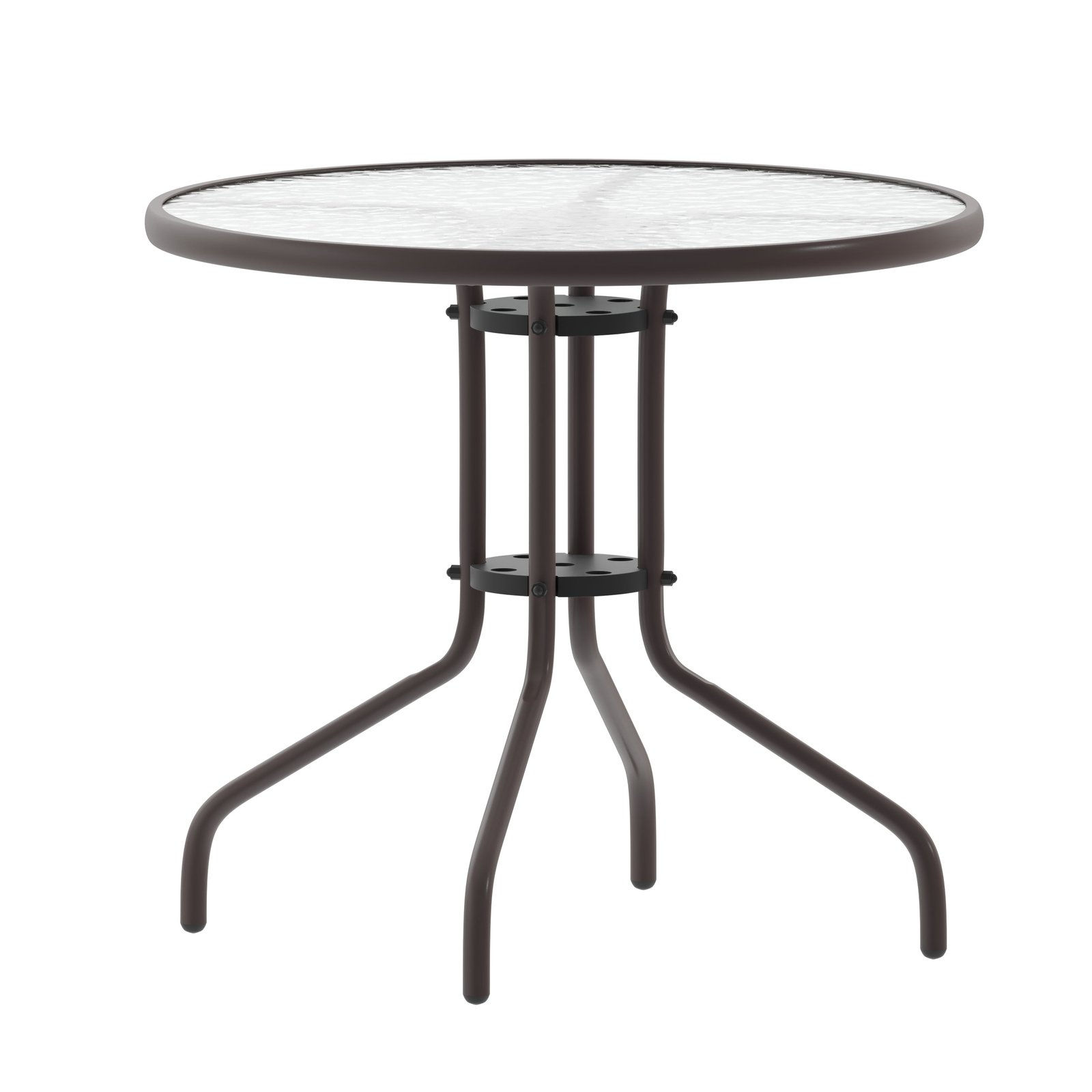31.5'' Round Glass Top Metal Table with 4 Aluminum Slat Stack Chairs