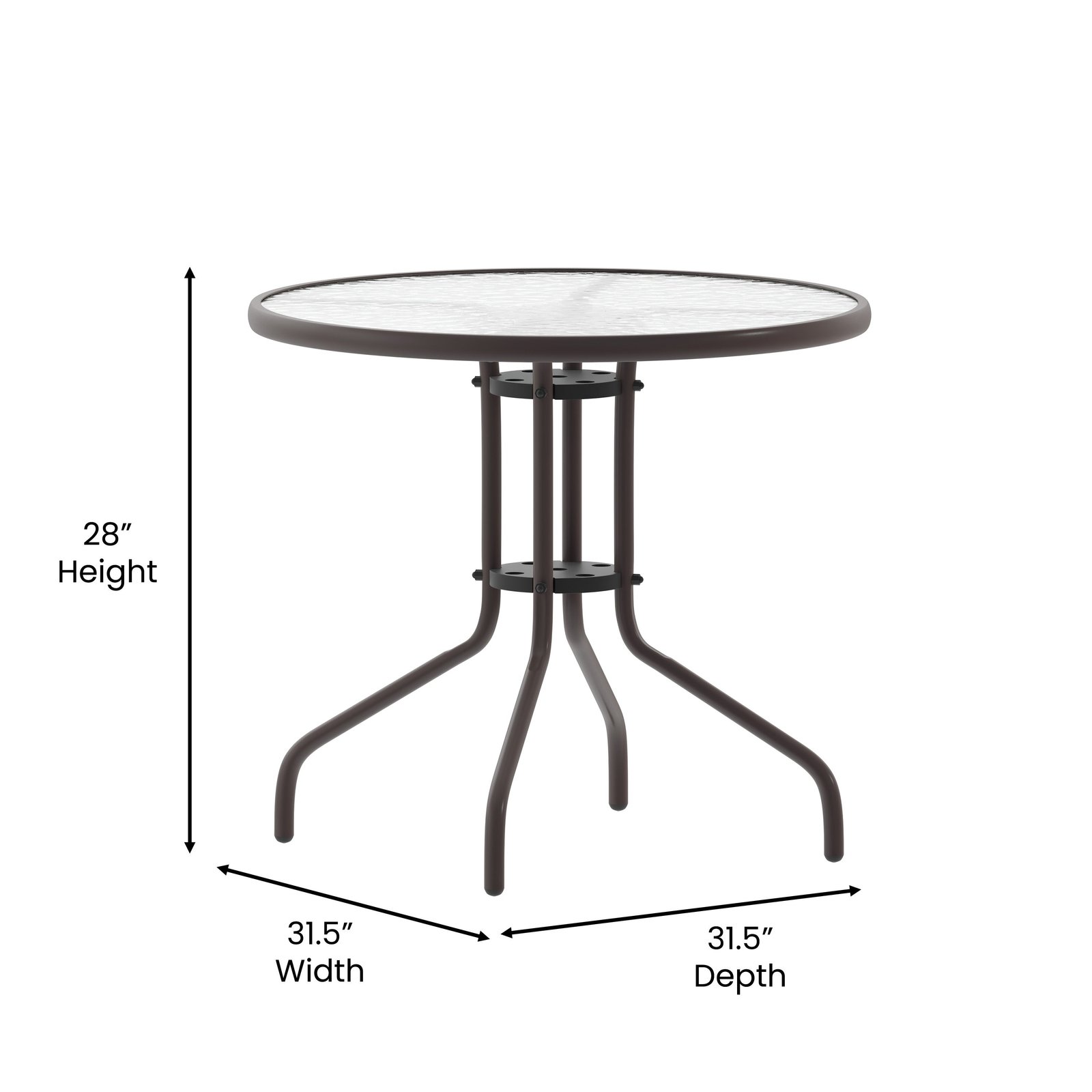 31.5'' Round Glass Top Metal Table with 4 Aluminum Slat Stack Chairs