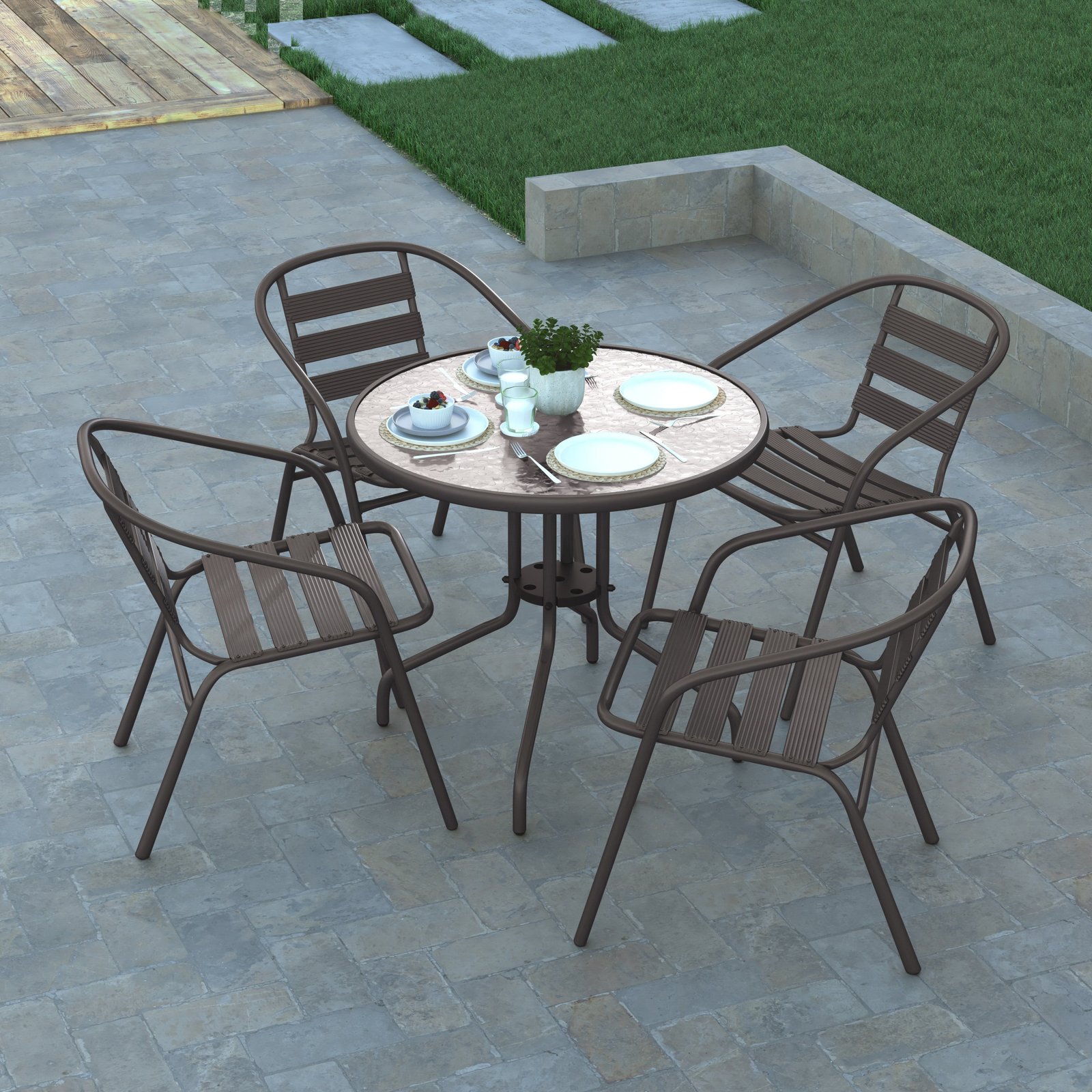 31.5'' Round Glass Top Metal Table with 4 Aluminum Slat Stack Chairs