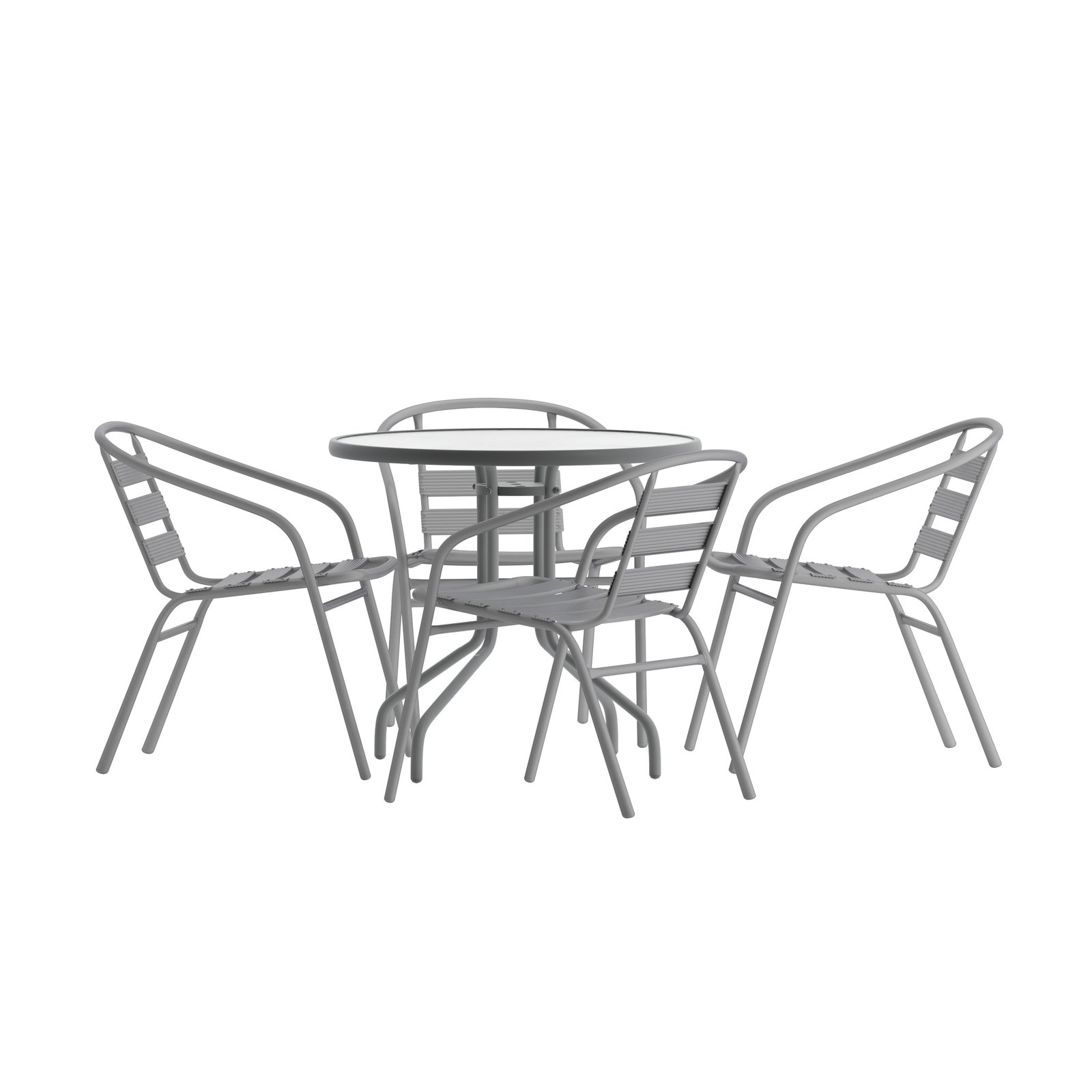 31.5'' Round Glass Top Metal Table with 4 Aluminum Slat Stack Chairs