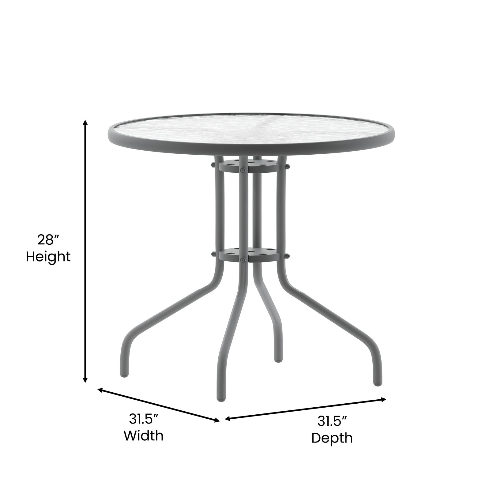 31.5'' Round Glass Top Metal Table with 4 Aluminum Slat Stack Chairs