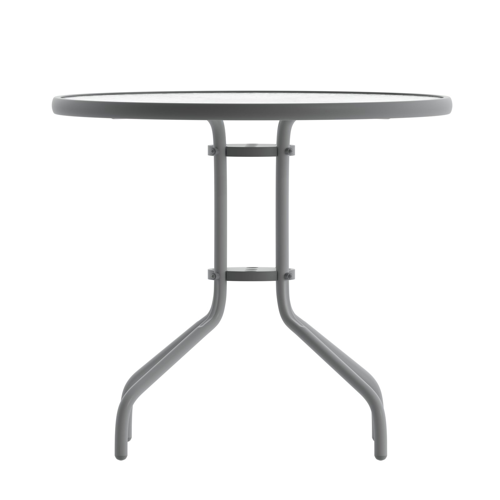 31.5'' Round Glass Top Metal Table with 4 Aluminum Slat Stack Chairs