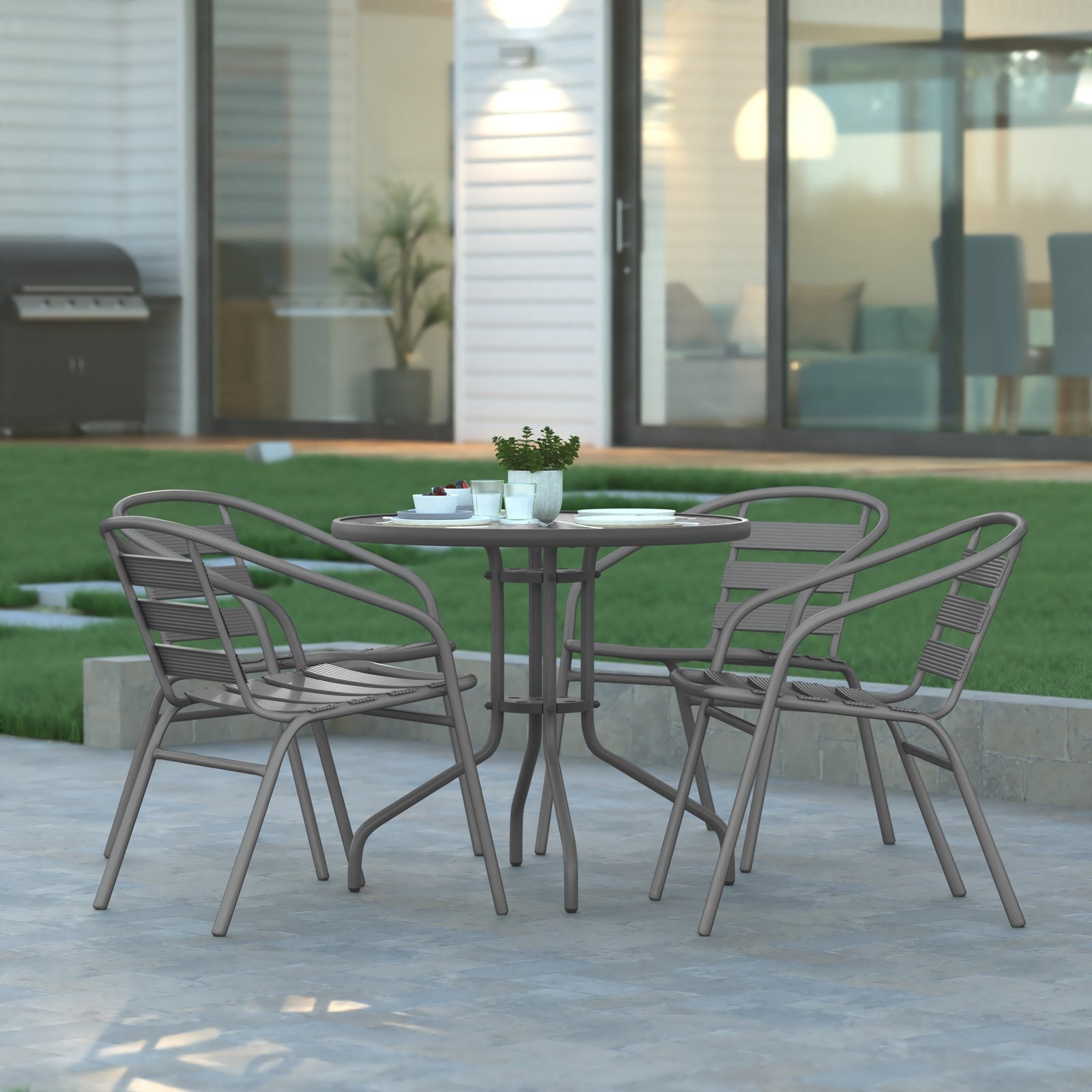 31.5'' Round Glass Top Metal Table with 4 Aluminum Slat Stack Chairs