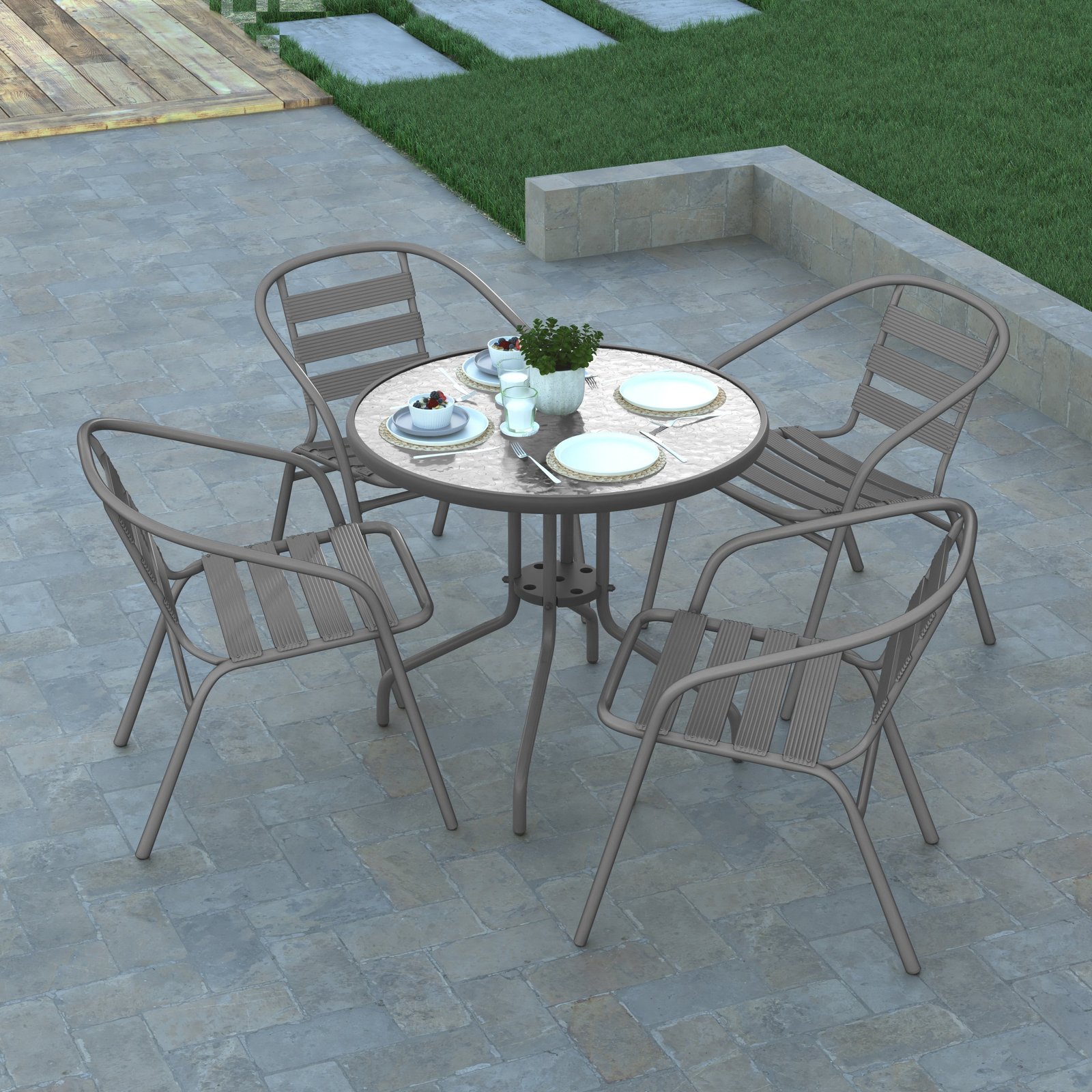 31.5'' Round Glass Top Metal Table with 4 Aluminum Slat Stack Chairs