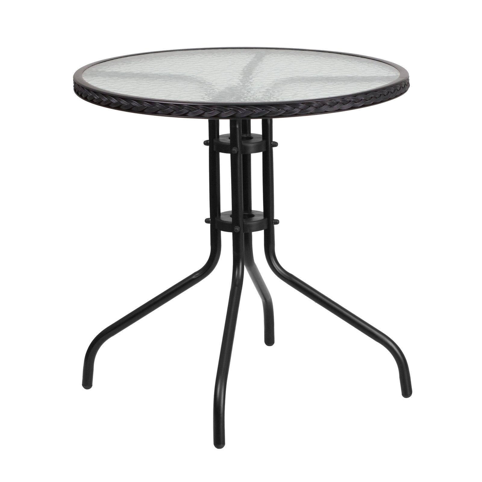 28" Round Tempered Glass Metal Table with Rattan Edging
