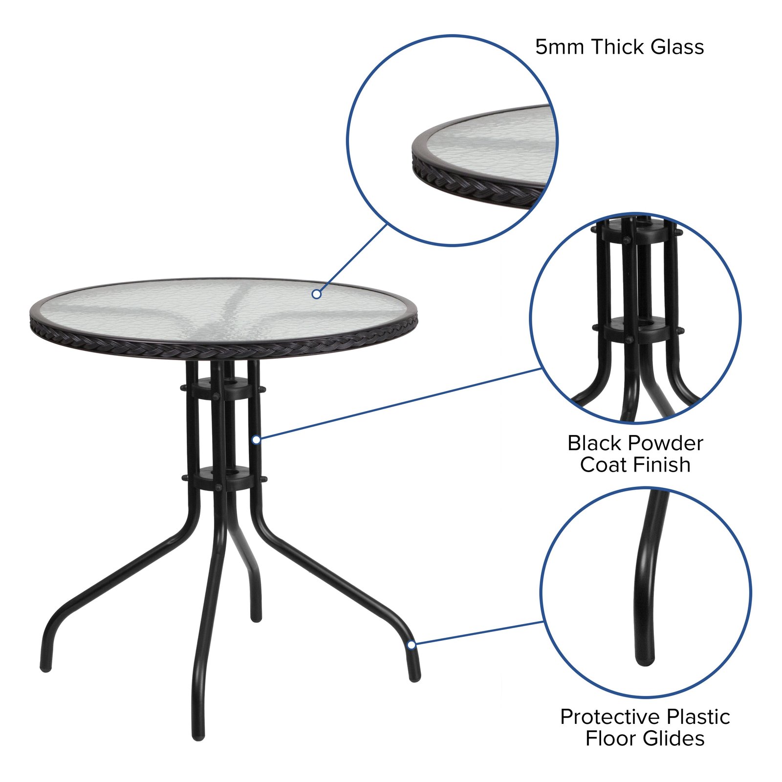 28" Round Tempered Glass Metal Table with Rattan Edging