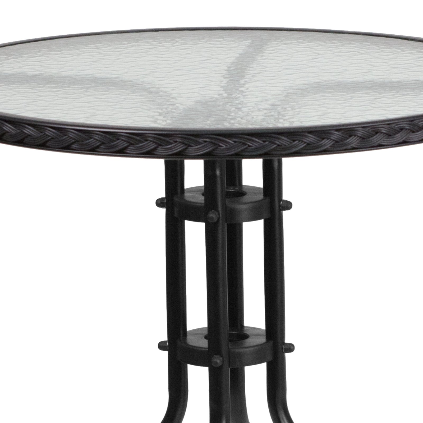 28" Round Tempered Glass Metal Table with Rattan Edging