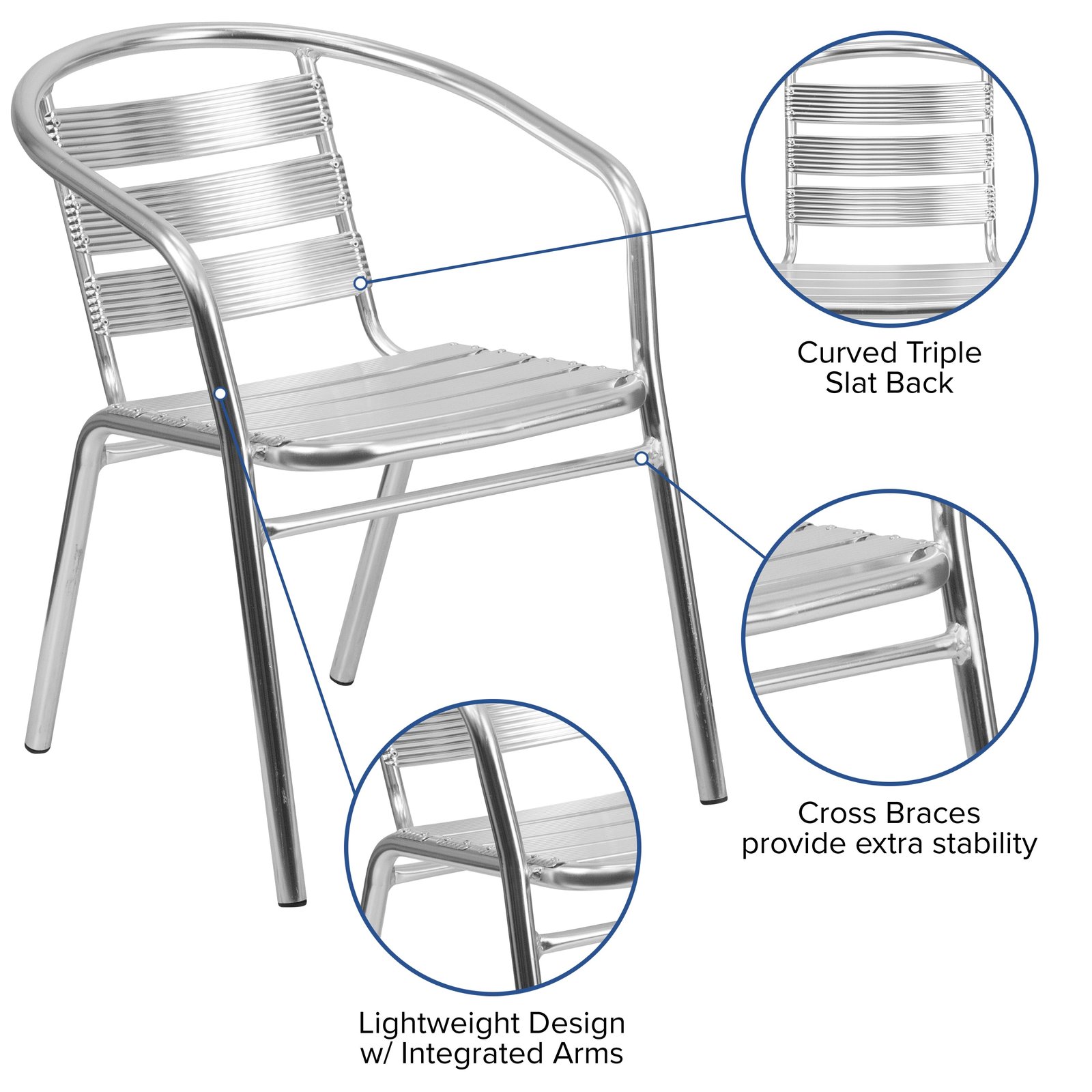 Heavy Duty Aluminum Commercial Indoor-Outdoor Restaurant Stack Chair with Triple Slat Back