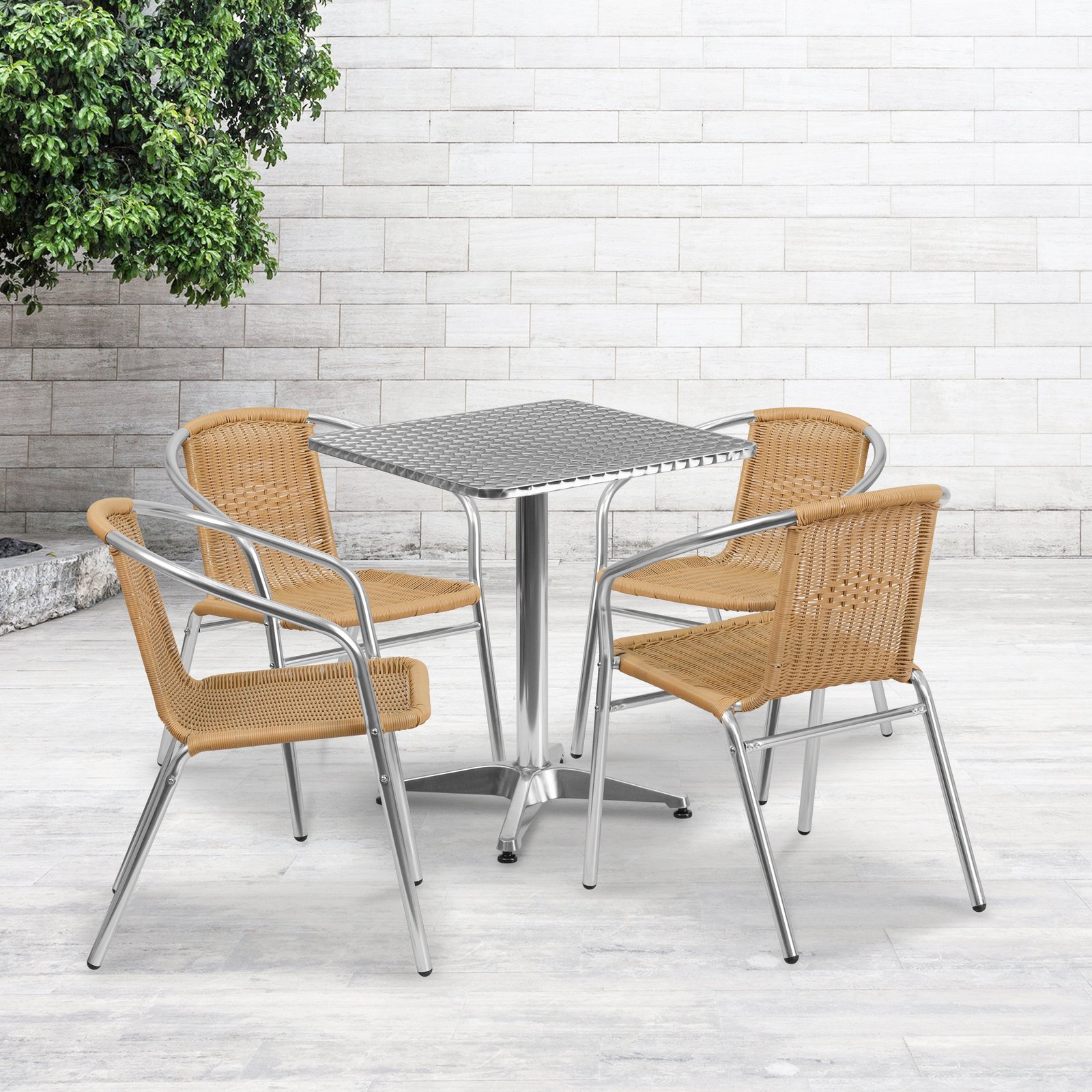 23.5" Square Aluminum Garden Patio Table Set with 4 Rattan Chairs