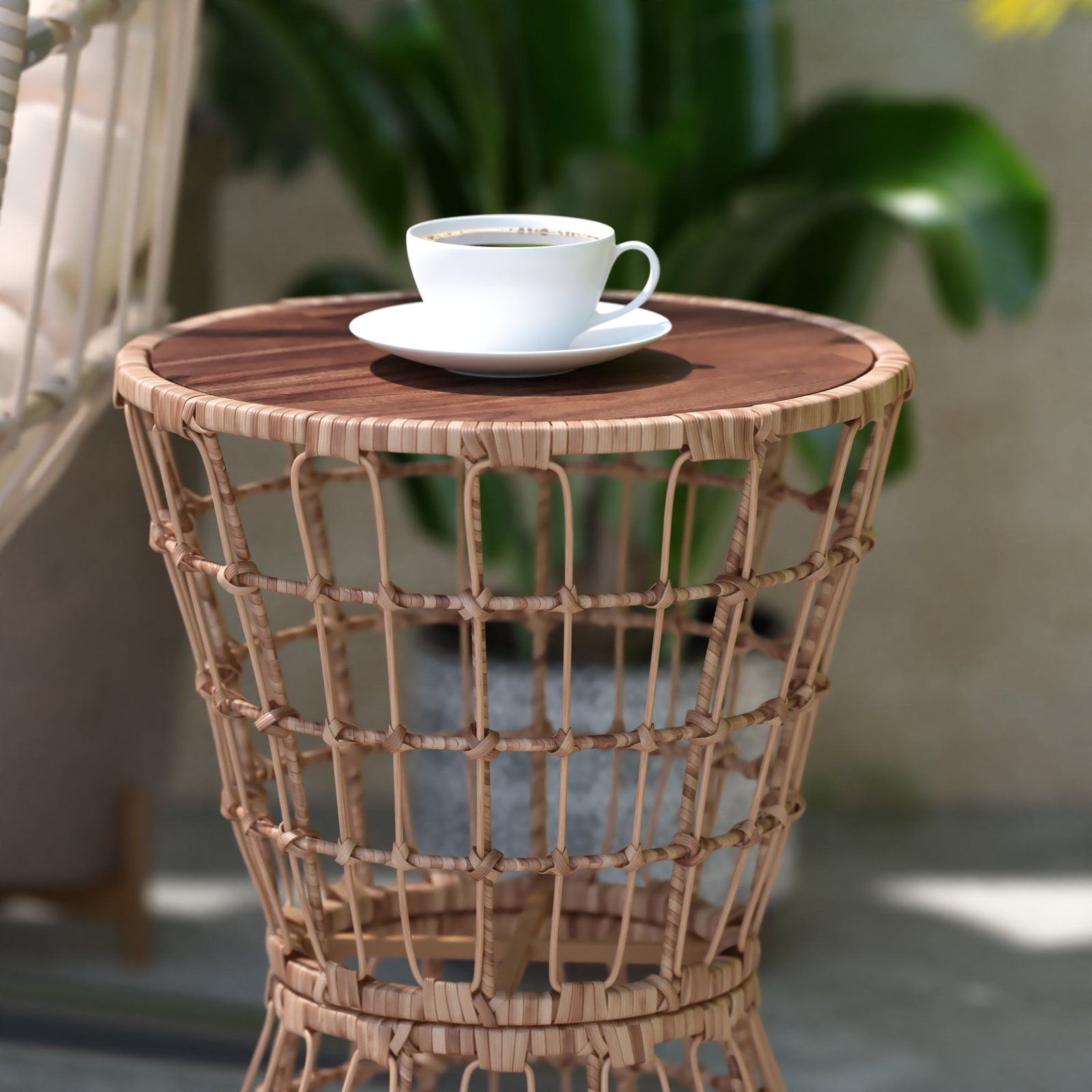 Ari All-Weather Faux Rattan Rope Patio Table with Acacia Wood Top for Indoor and Outdoor Use