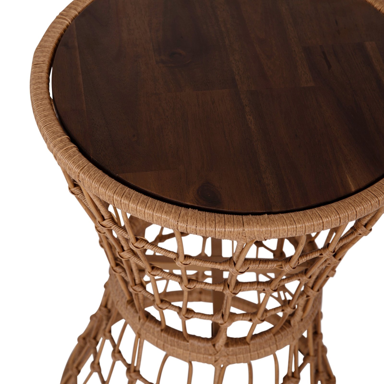 Ari All-Weather Faux Rattan Rope Patio Table with Acacia Wood Top for Indoor and Outdoor Use