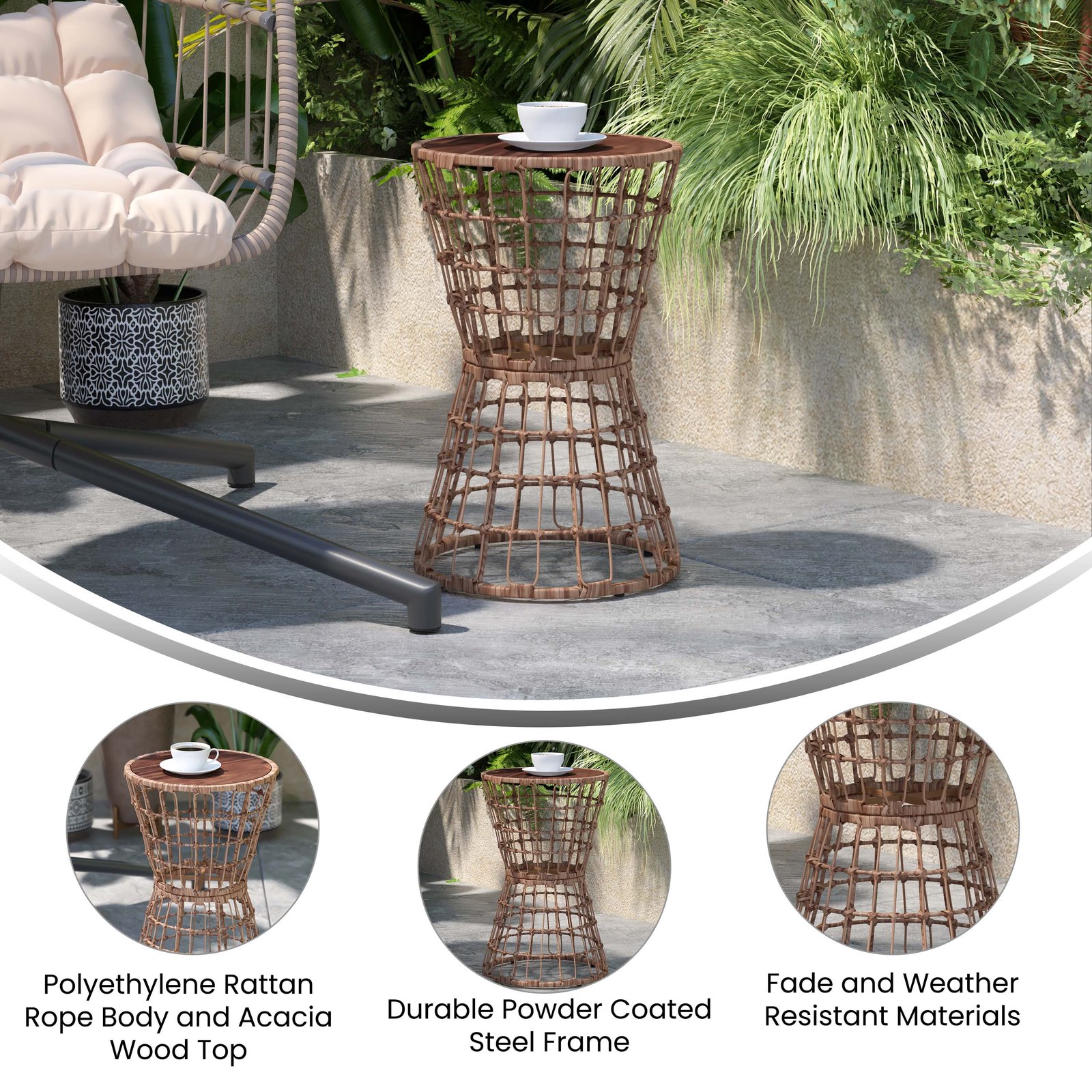 Ari All-Weather Faux Rattan Rope Patio Table with Acacia Wood Top for Indoor and Outdoor Use